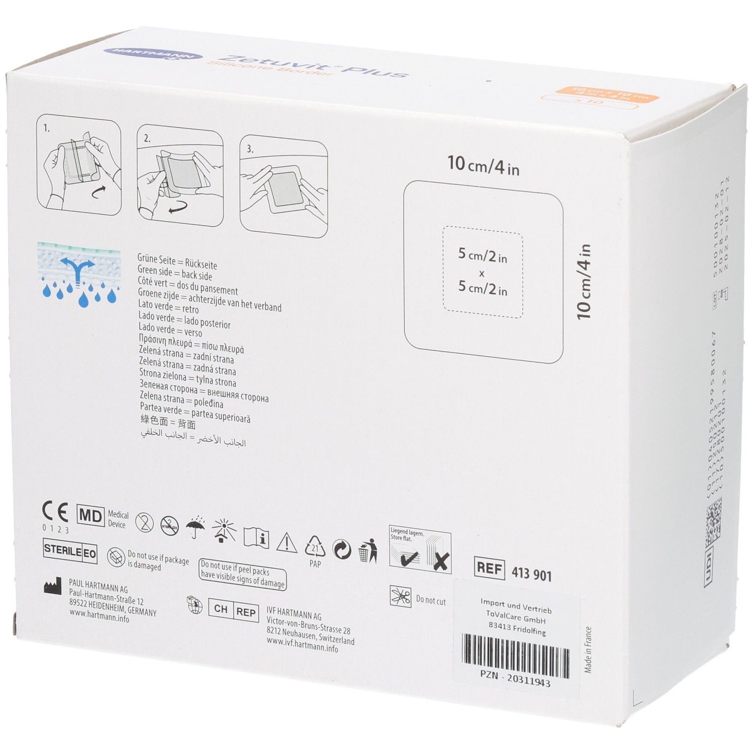 Rückseite der Verpackung Zetuvit Plus Silicone Border mit Anwendungshinweisen und CE-Kennzeichnung.