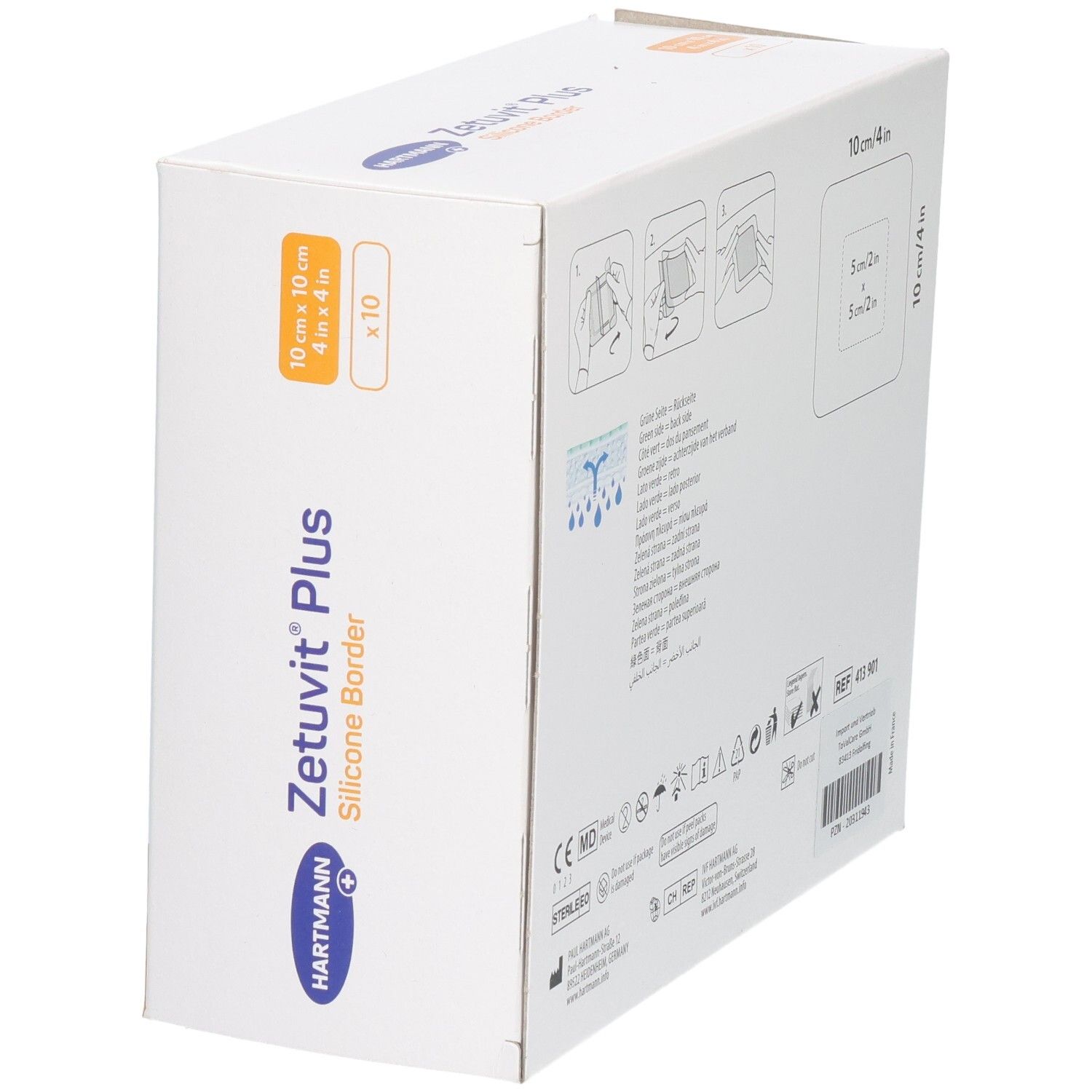 Seitenansicht der Verpackung Zetuvit Plus Silicone Border Wundauflage.