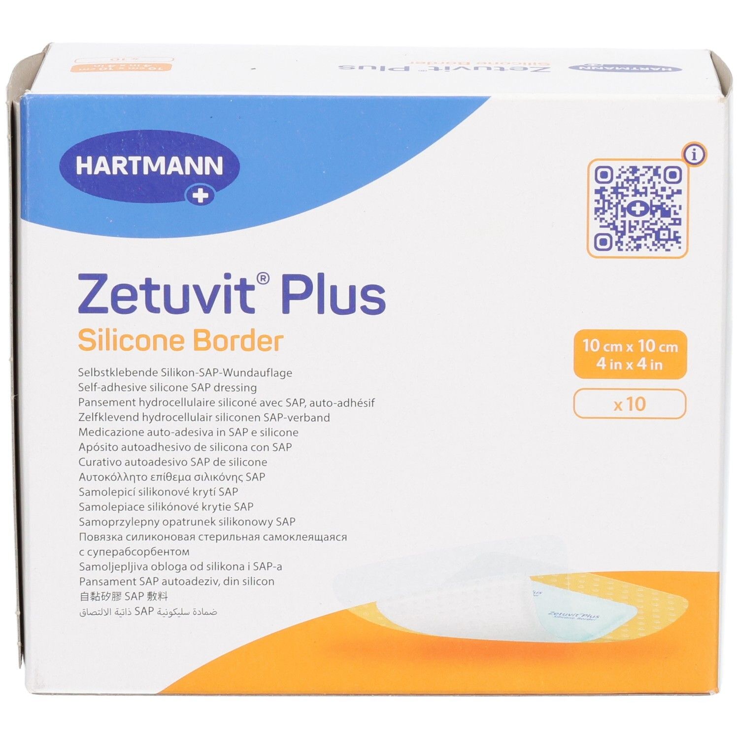 Verpackung Zetuvit Plus Silicone Border Wundauflage, 10x10 cm, 10 Stück.