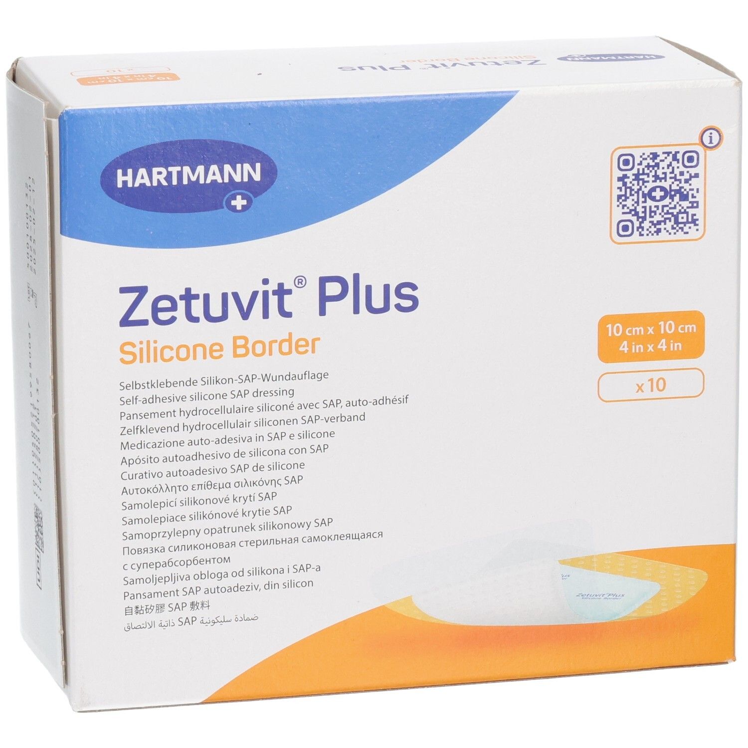 Verpackung Zetuvit Plus Silicone Border Wundauflage, 10x10 cm, 10 Stück.