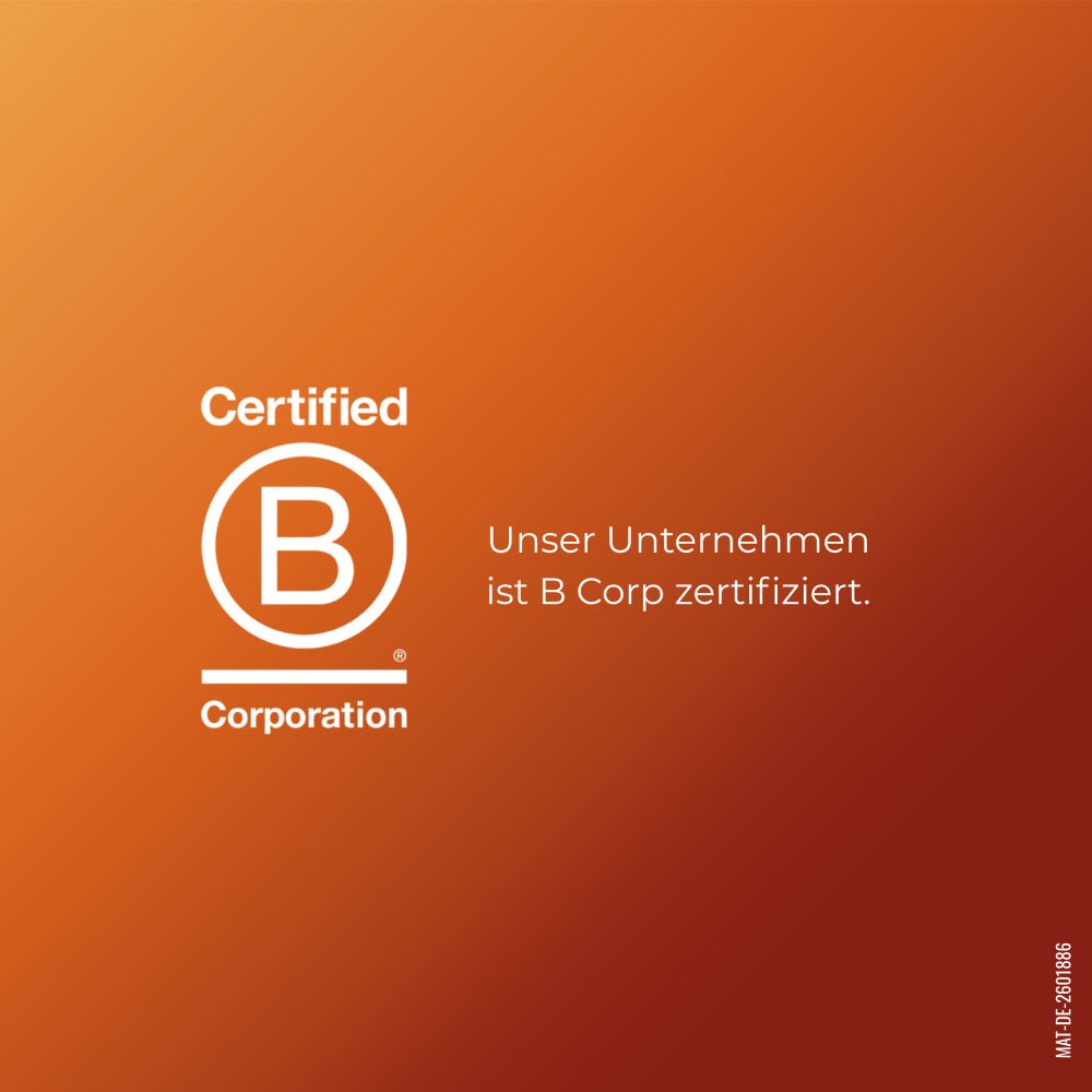 Zertifizierung "Certified B Corporation" mit dem Text "Unser Unternehmen ist B Corp zertifiziert."