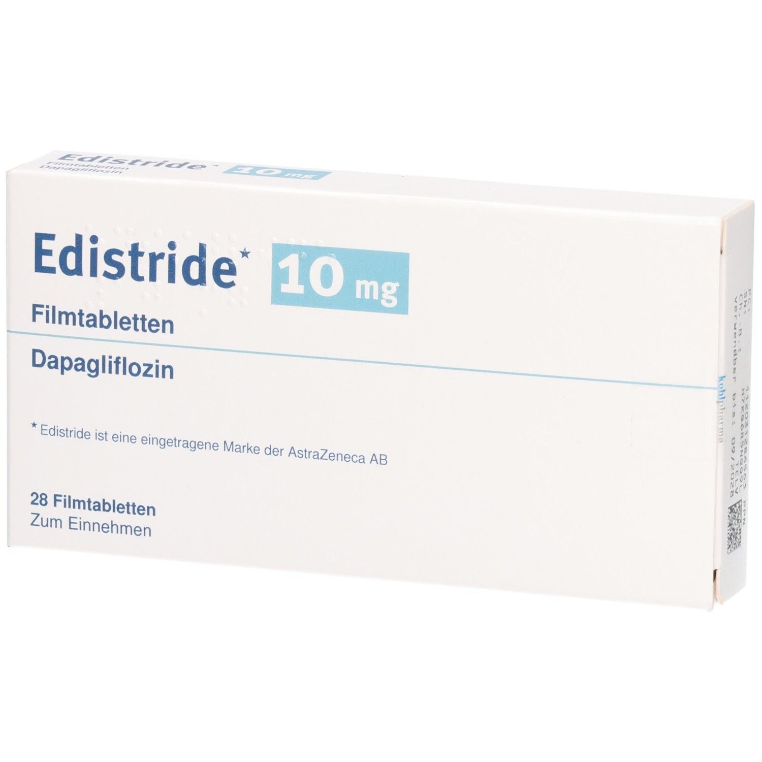 Schachtel mit EDISTRIDE 10 mg Filmtabletten. Aufschrift: Dapagliflozin, 28 Filmtabletten. Weiße Verpackung.