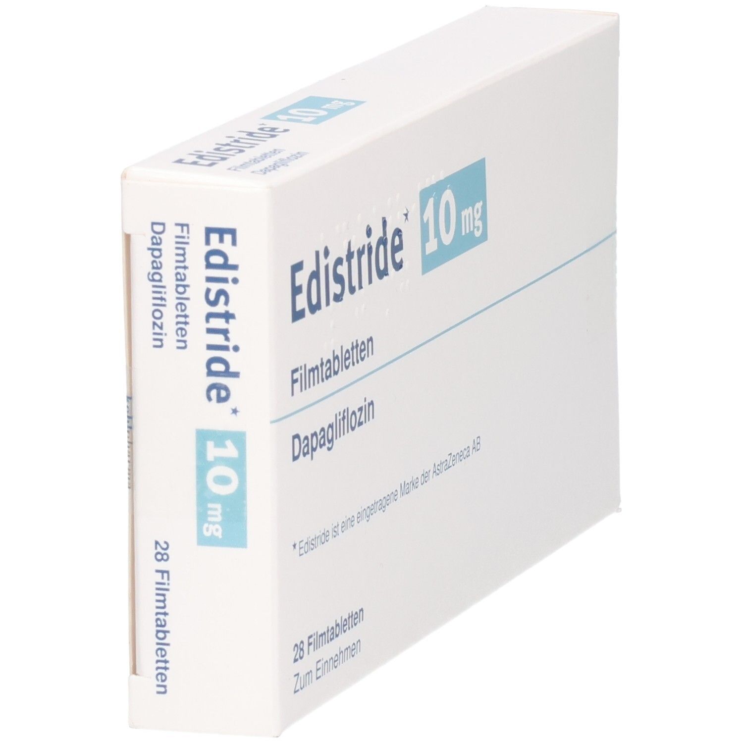Schachtel EDISTRIDE 10 mg Filmtabletten. Aufschrift: Dapagliflozin, 28 Filmtabletten. Weiße Verpackung, schräg.