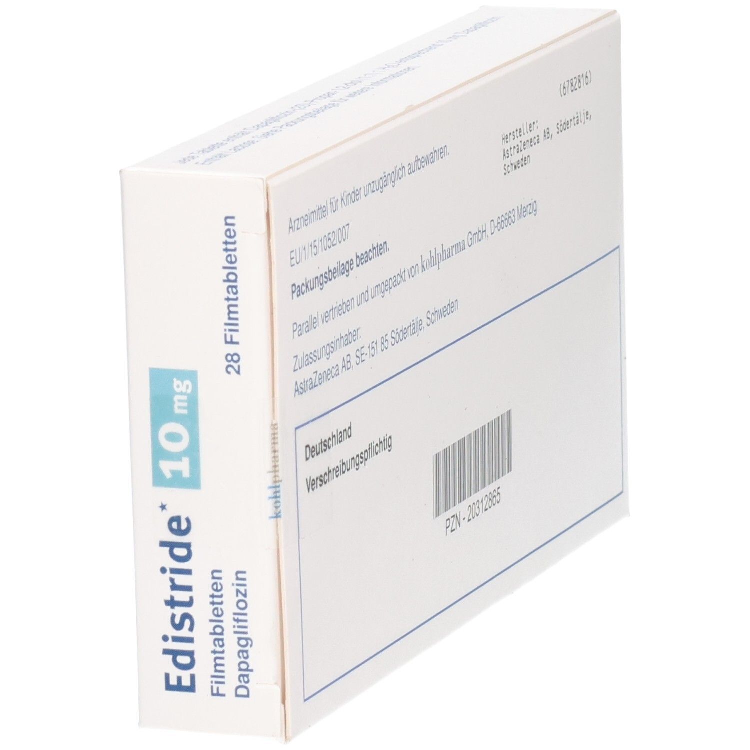 Schachtel EDISTRIDE 10 mg Filmtabletten. Aufschrift: Dapagliflozin, 28 Filmtabletten. Weiße Verpackung, schräg.