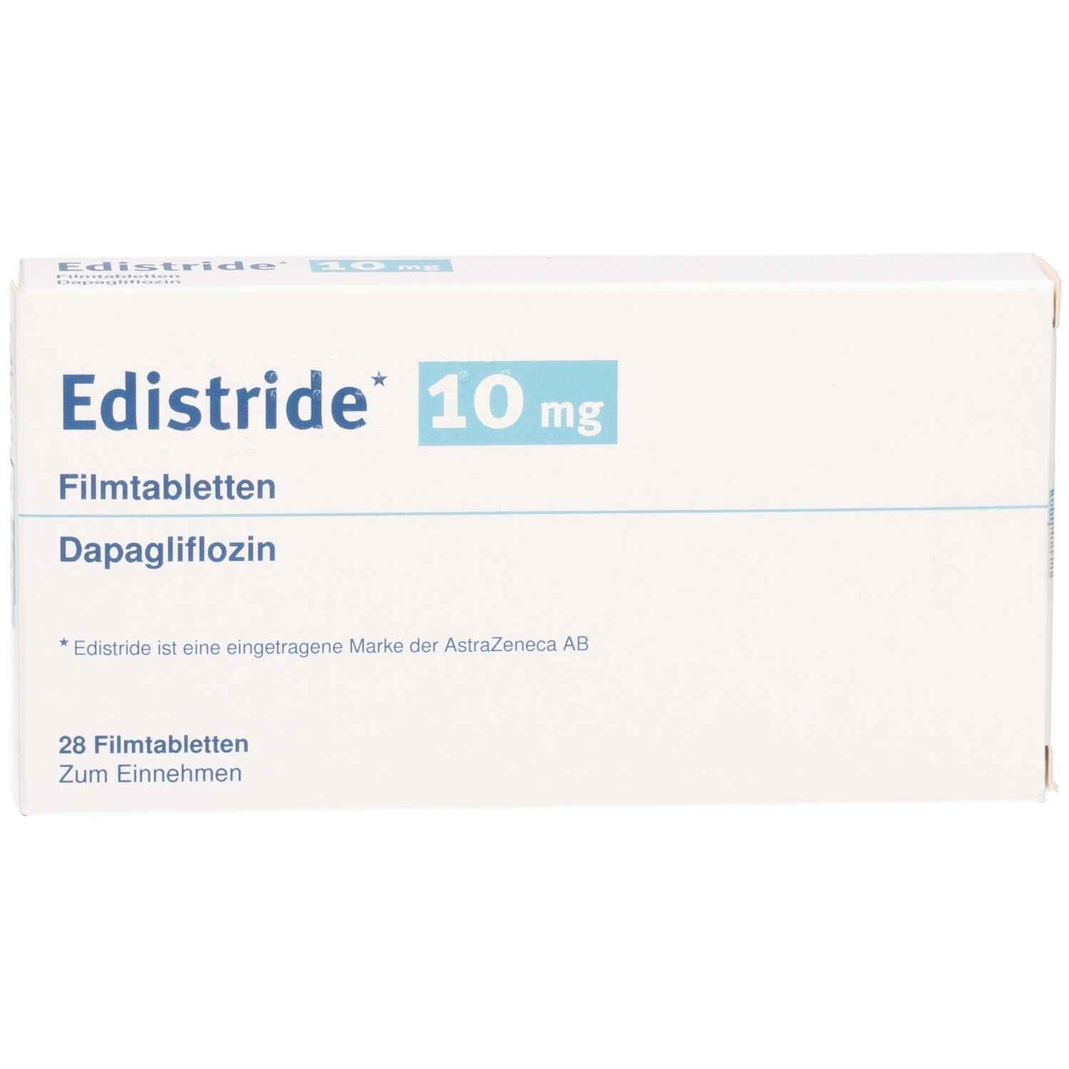 Schachtel mit EDISTRIDE 10 mg Filmtabletten. Aufschrift: Dapagliflozin, 28 Filmtabletten. Weiße Verpackung.