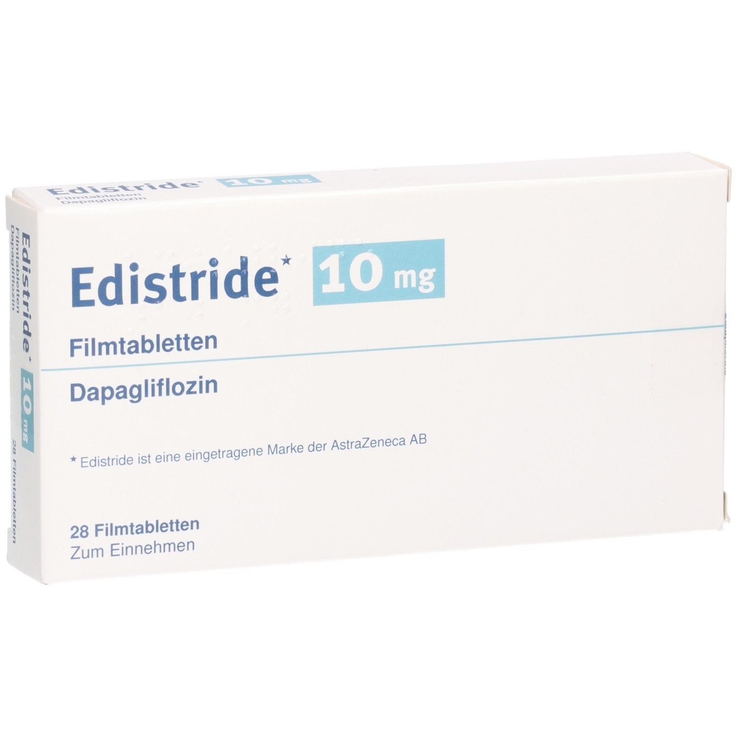 Schachtel mit EDISTRIDE 10 mg Filmtabletten. Aufschrift: Dapagliflozin, 28 Filmtabletten. Weiße Verpackung.