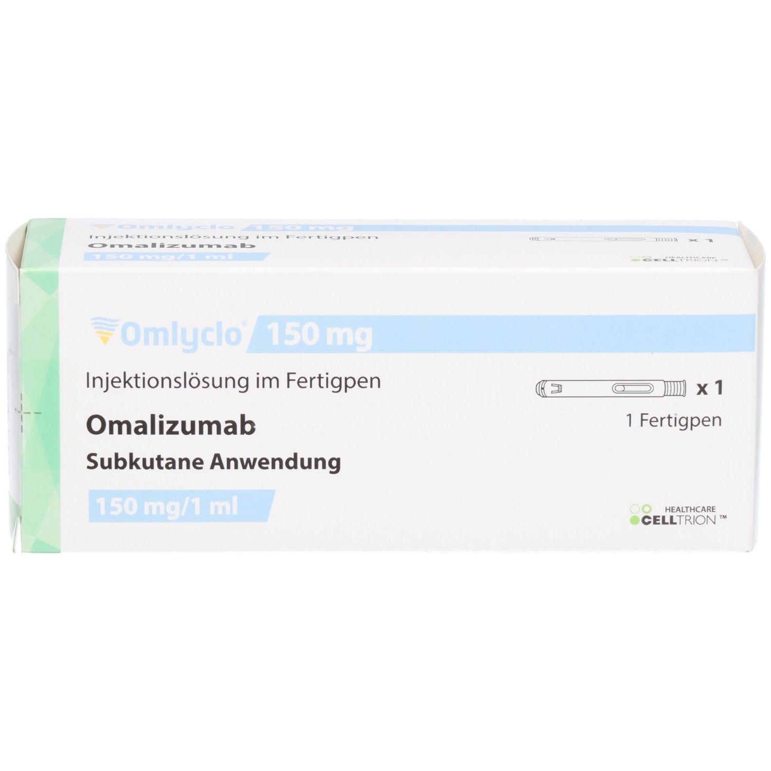 OMLYCLO 150 mg Injektionslösung im Fertigpen. Weiße Schachtel mit blauer Schrift. Enthält einen Fertigpen. Logo von CELLTRION.