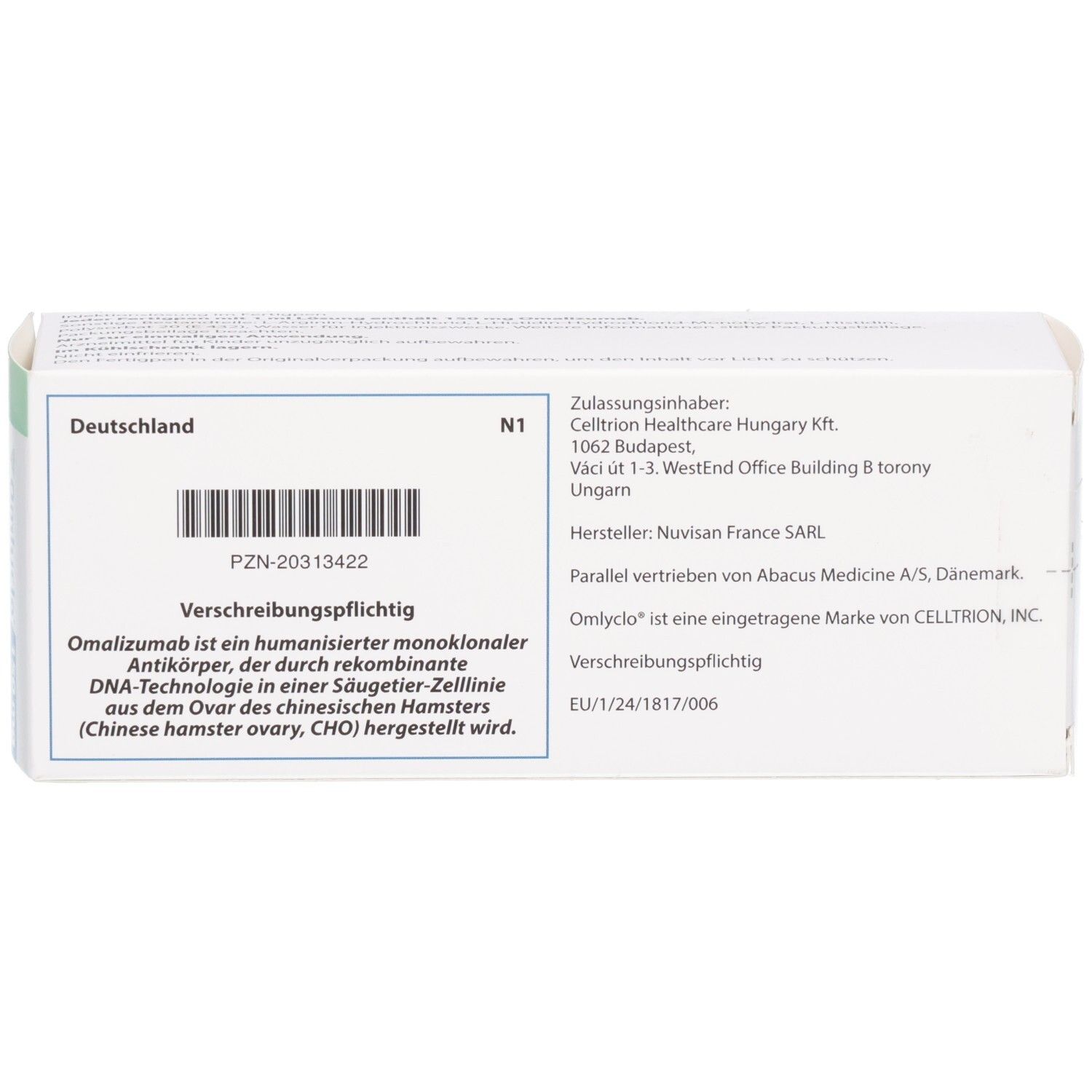 Rückseite der OMLYCLO-Verpackung. Text in deutscher Sprache. Barcode und PZN-Code. Hersteller- und Zulassungsinformationen.
