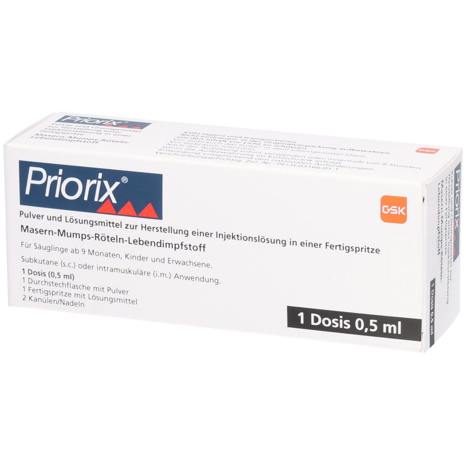 Weiße Faltschachtel mit "Priorix"-Logo. Text: Masern-Mumps-Röteln-Lebendimpfstoff. 1 Dosis 0,5 ml. Enthält Fertigspritze, Pulver und Lösungsmittel.