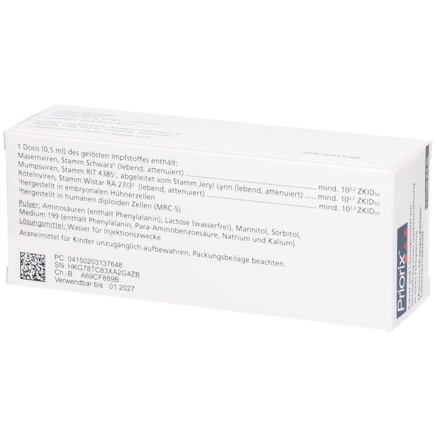 Rückseite der Faltschachtel. Text: Inhaltsstoffe, Chargennummer, Verfallsdatum. "Priorix"-Logo. Barcode.