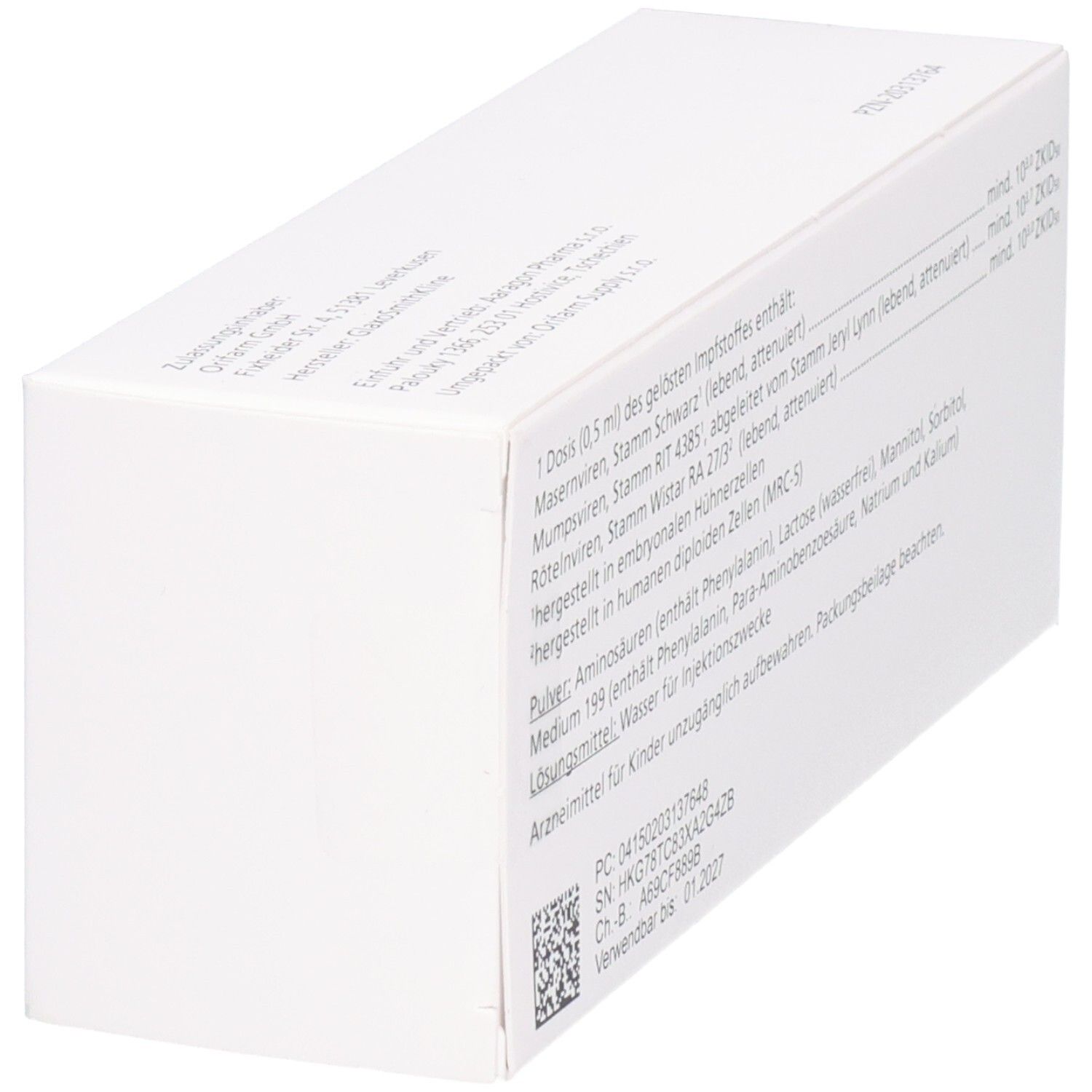 Rückseite der Faltschachtel, schräg. Text: Inhaltsstoffe, Chargennummer, Verfallsdatum. Barcode.