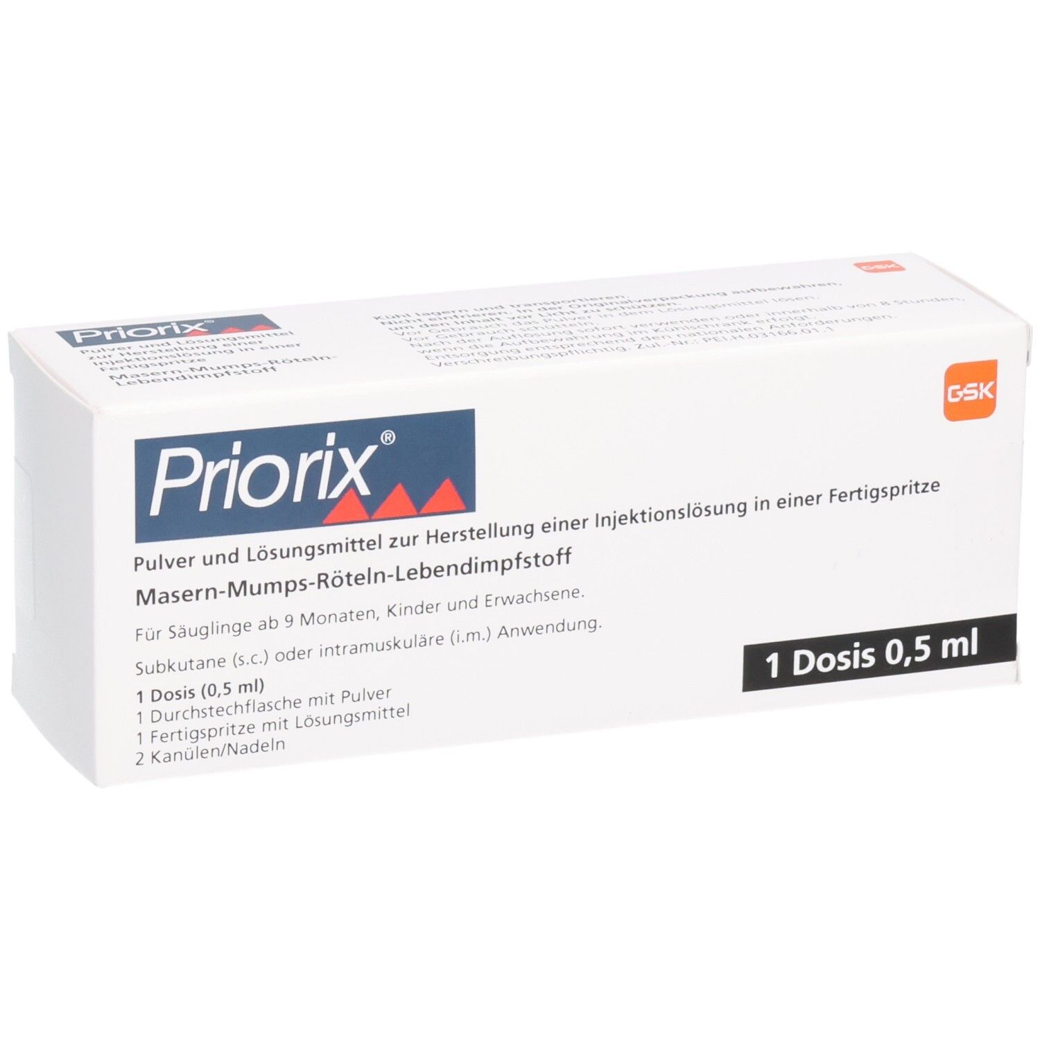 Weiße Faltschachtel mit "Priorix"-Logo. Text: Masern-Mumps-Röteln-Lebendimpfstoff. 1 Dosis 0,5 ml.