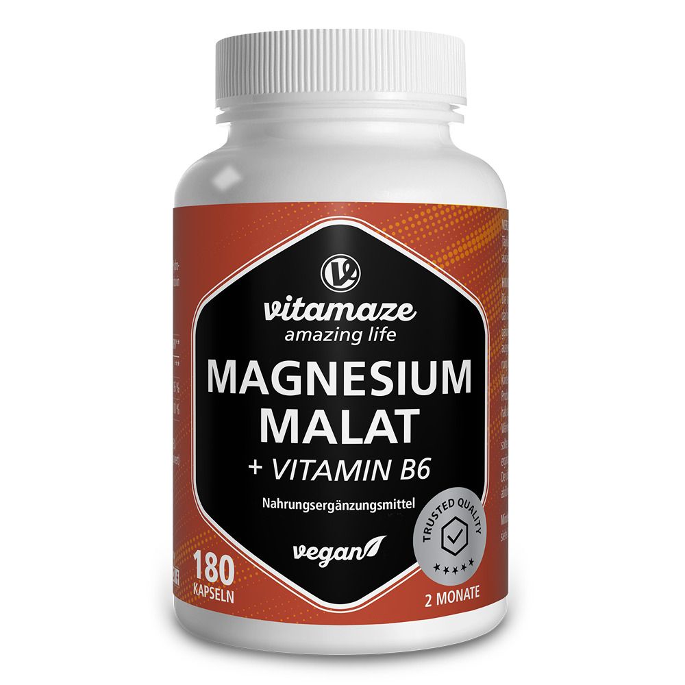 Weiße Flasche mit braunem Etikett. Aufschrift: Magnesium Malat + Vitamin B6. 180 Kapseln. Vegan. Siegel.