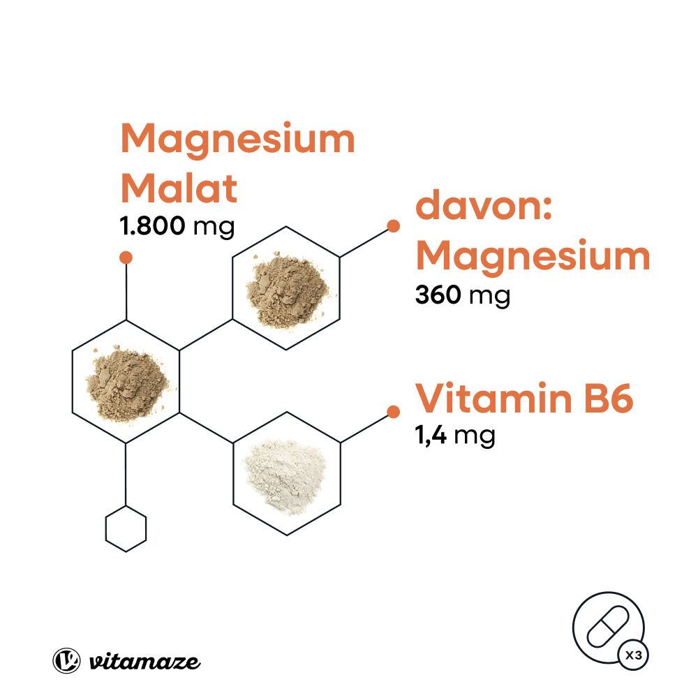 Grafik mit Inhaltsstoffen: Magnesium Malat, Magnesium, Vitamin B6. Braunes Pulver, weißes Pulver. Vitamaze Logo.