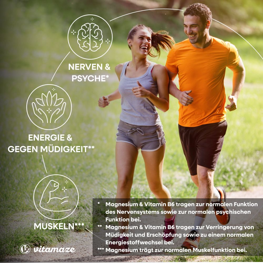 Zwei Personen joggen. Grafiken: Nerven & Psyche, Energie & gegen Müdigkeit, Muskeln. Vitamaze Logo.