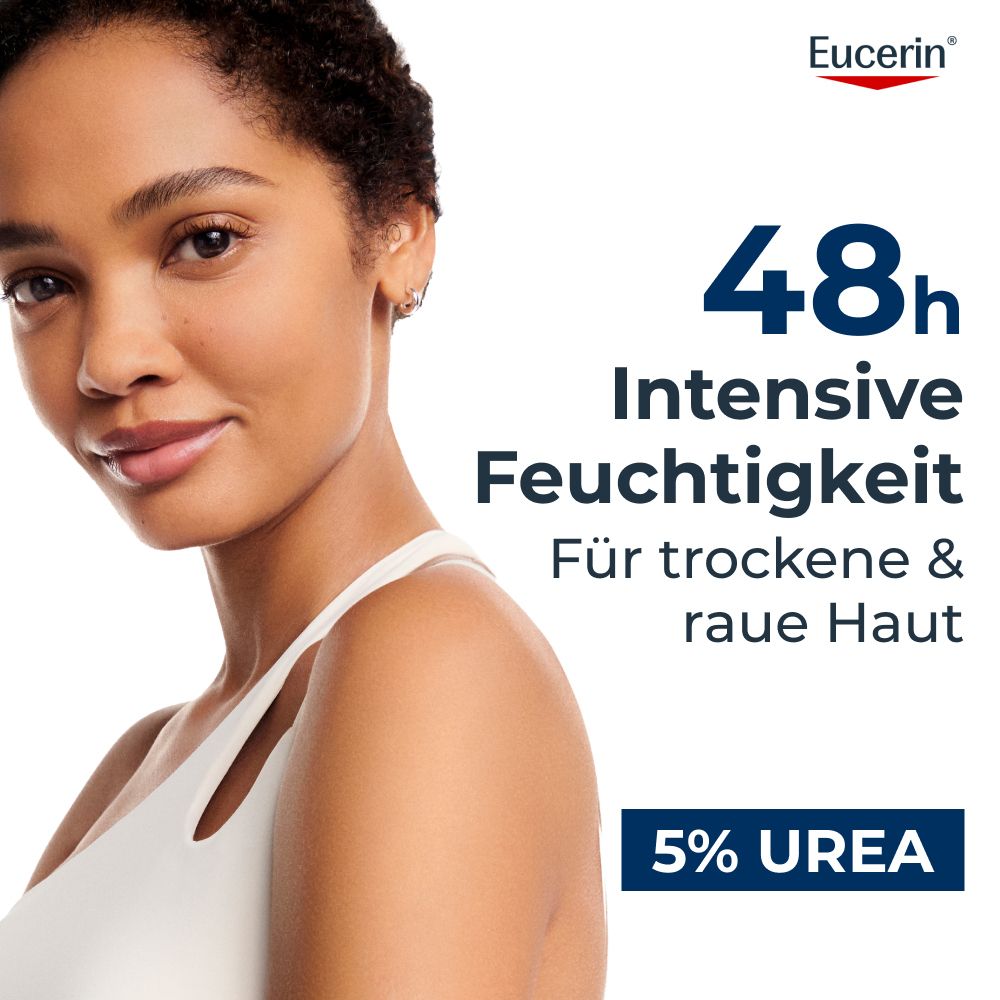 Frau mit glatter Haut, Eucerin Urea Repair 5% Urea, 48h intensive Feuchtigkeit.