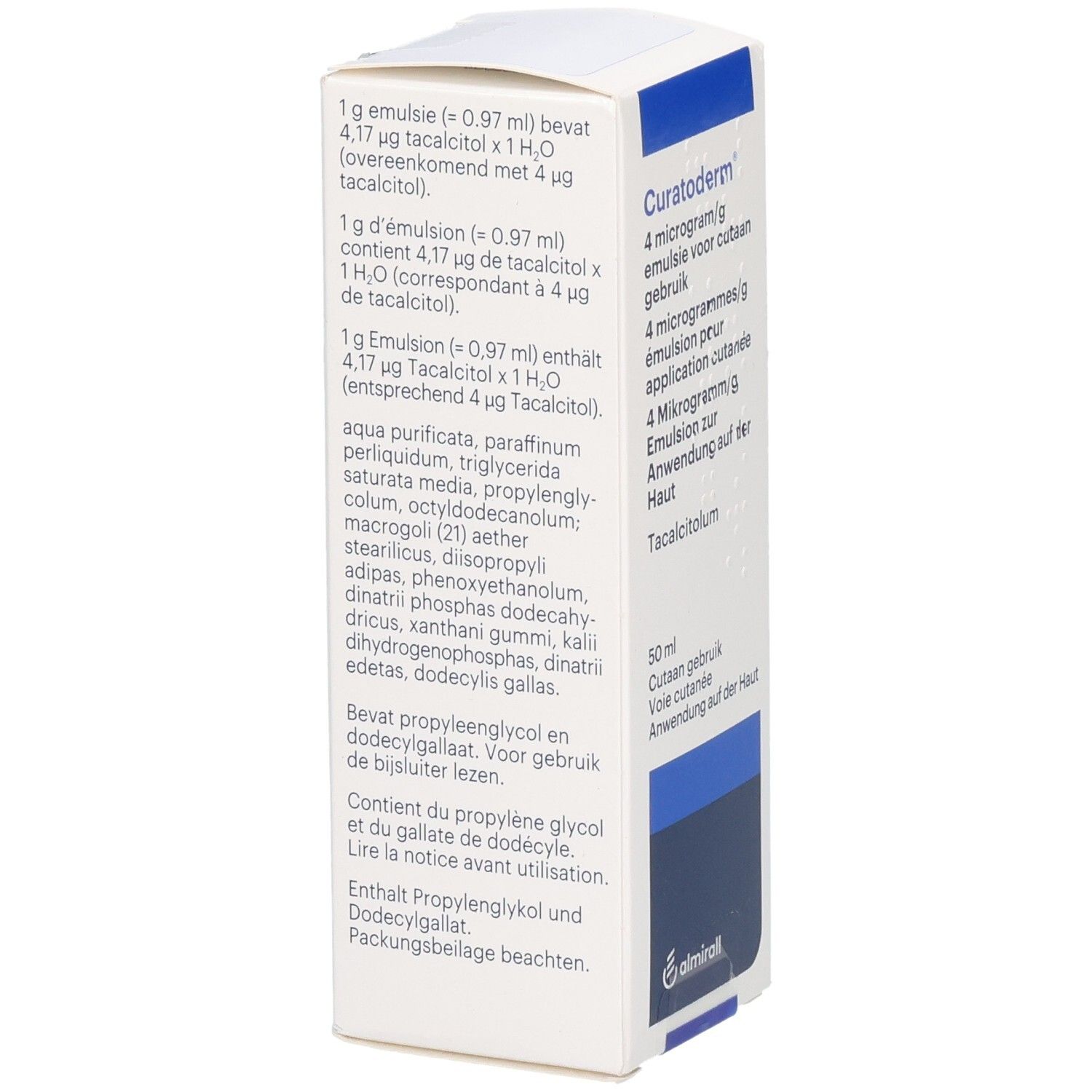 Verpackung von Curatoderm Emulsion mit detaillierten Anwendungsinformationen und Inhaltsstoffen.