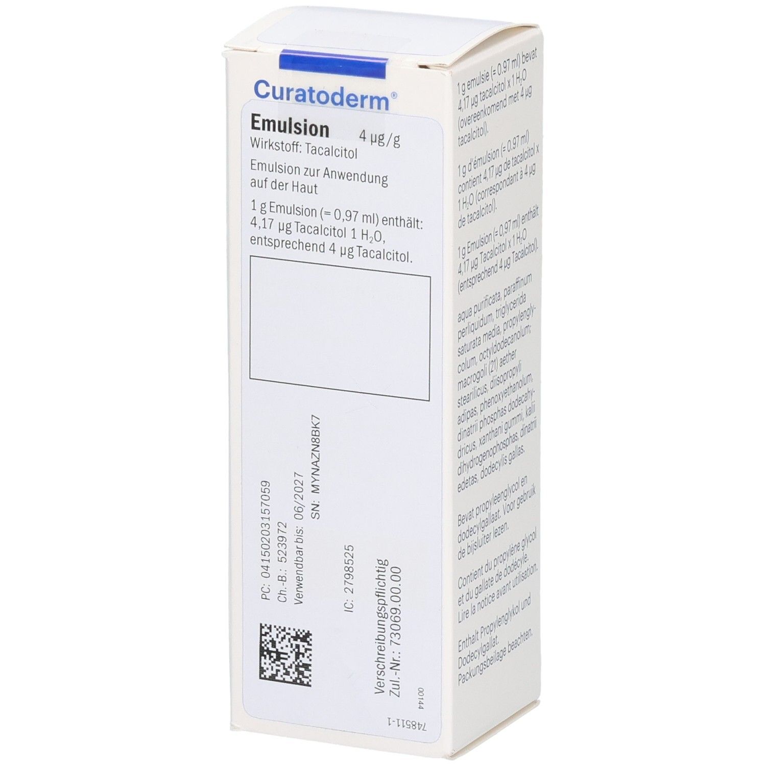 Seitenansicht der Curatoderm Emulsion Verpackung mit Chargennummer und Verfallsdatum.