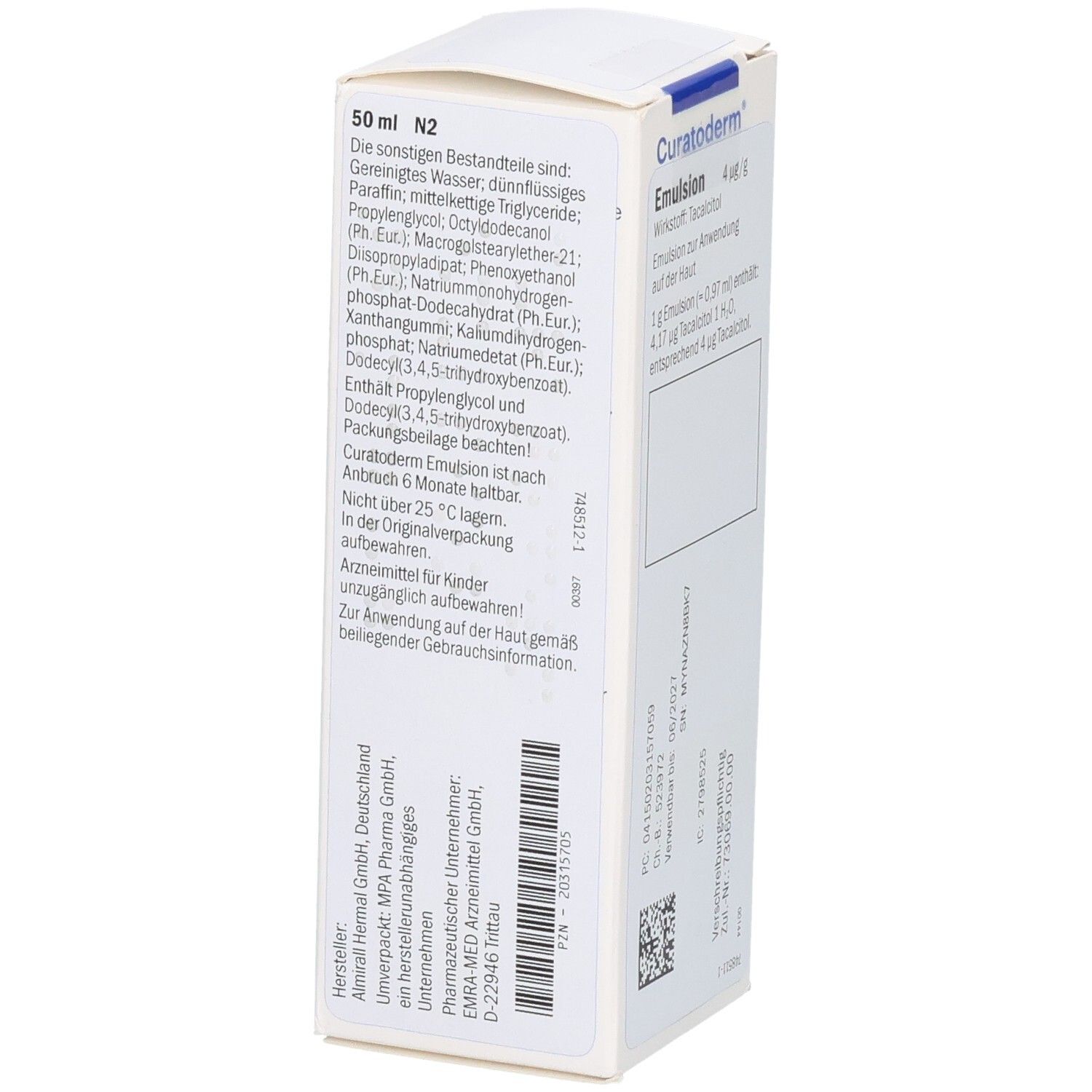 Rückseite der Curatoderm Emulsion Verpackung mit Herstellerangaben und Lagerungshinweisen.