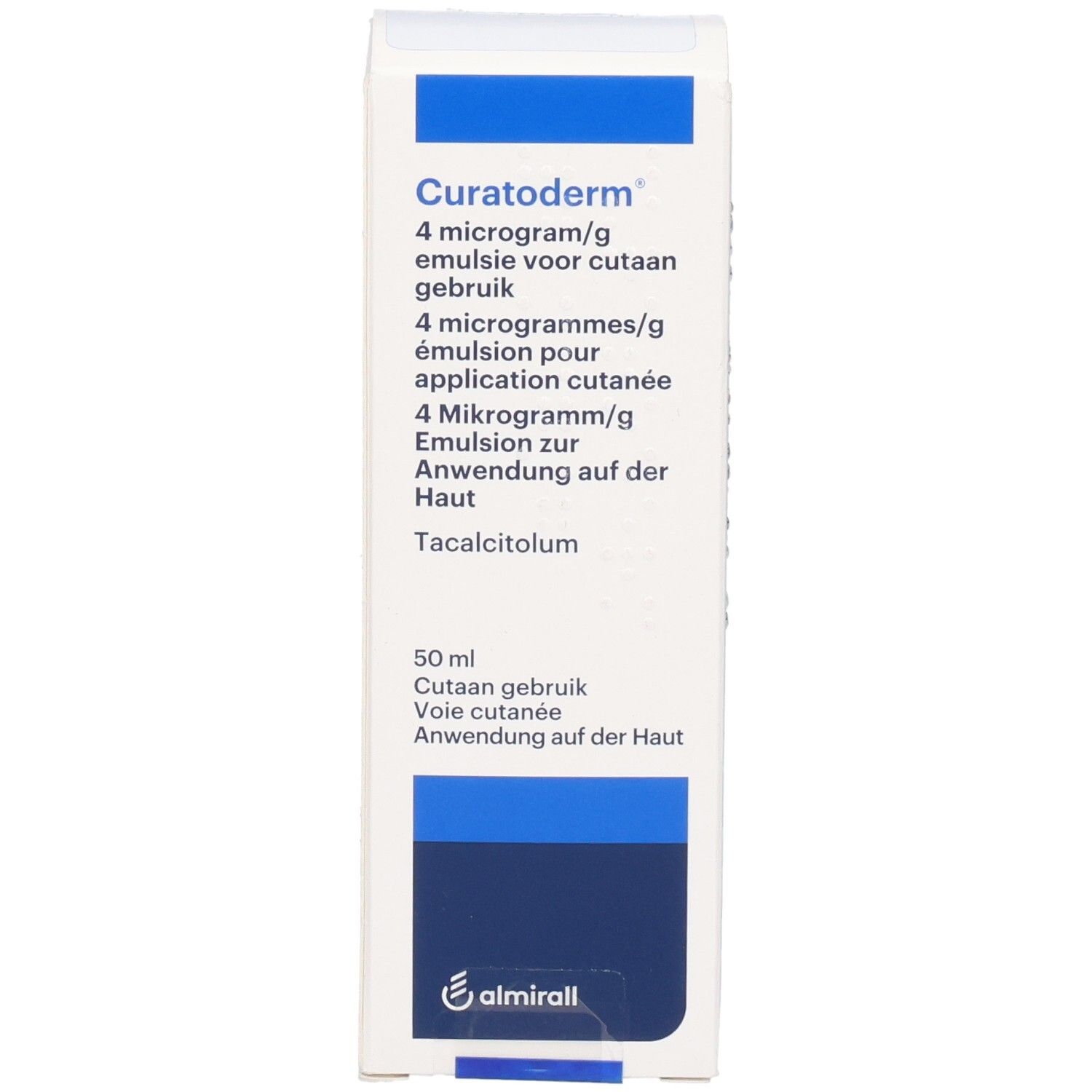 Vorderseite der Curatoderm Emulsion Verpackung mit Produktbezeichnung und Dosierungsangabe.