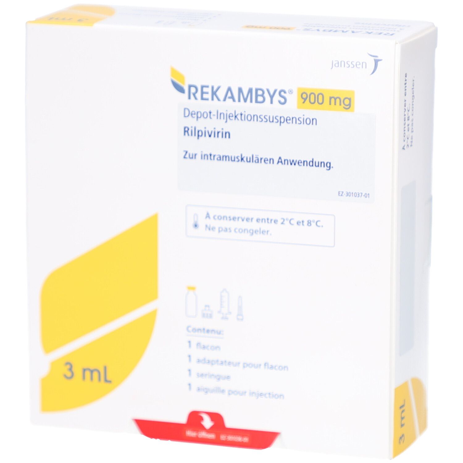 Verpackung von REKAMBYS 900 mg Depot-Injektionssuspension. Enthält 3 ml. Mit Janssen-Logo und Produktinformationen.