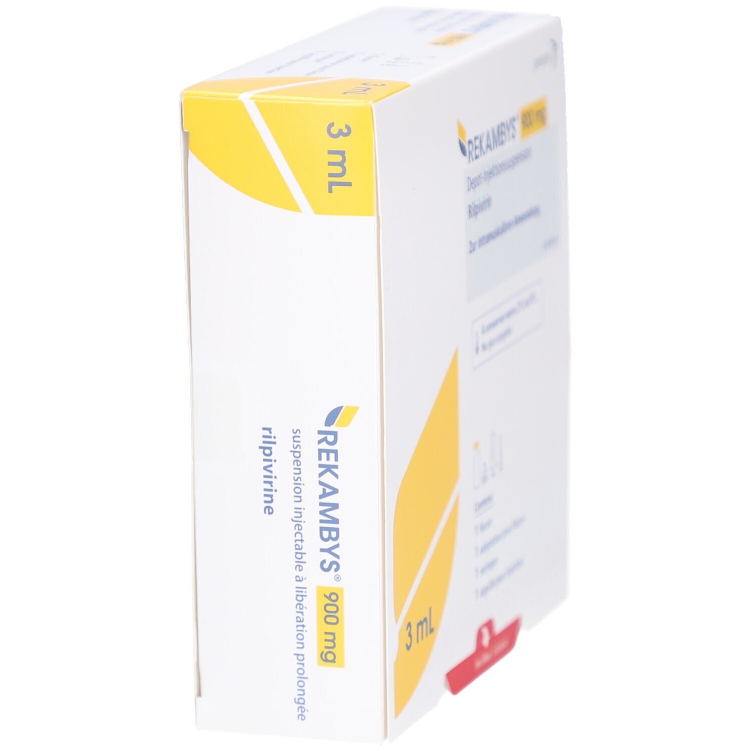 Seitenansicht der REKAMBYS 900 mg Verpackung. Enthält 3 ml. Produktname und Informationen zur Injektion.