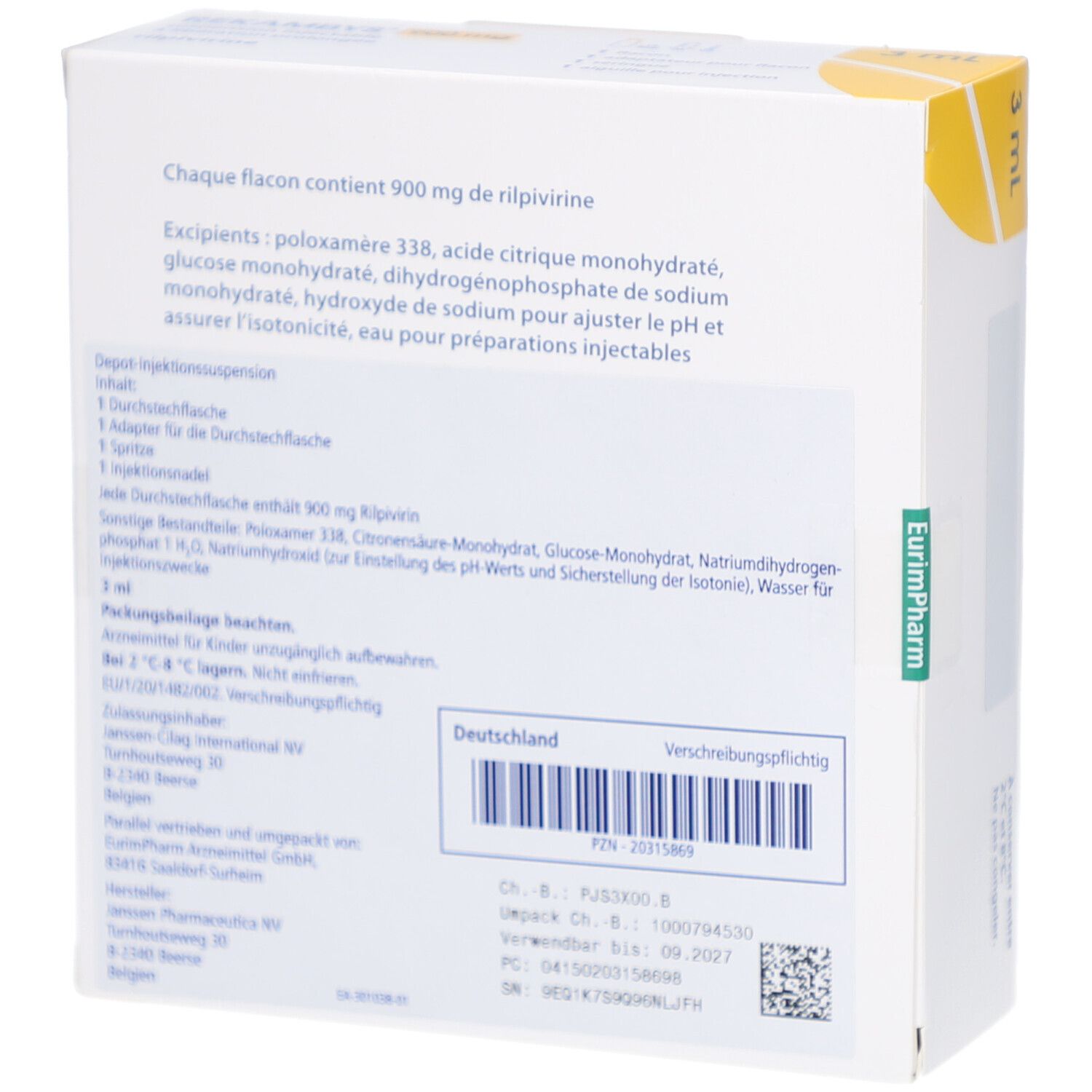 Rückseite der REKAMBYS 900 mg Verpackung. Enthält Inhaltsstoffe und Herstellerinformationen. 3 ml.
