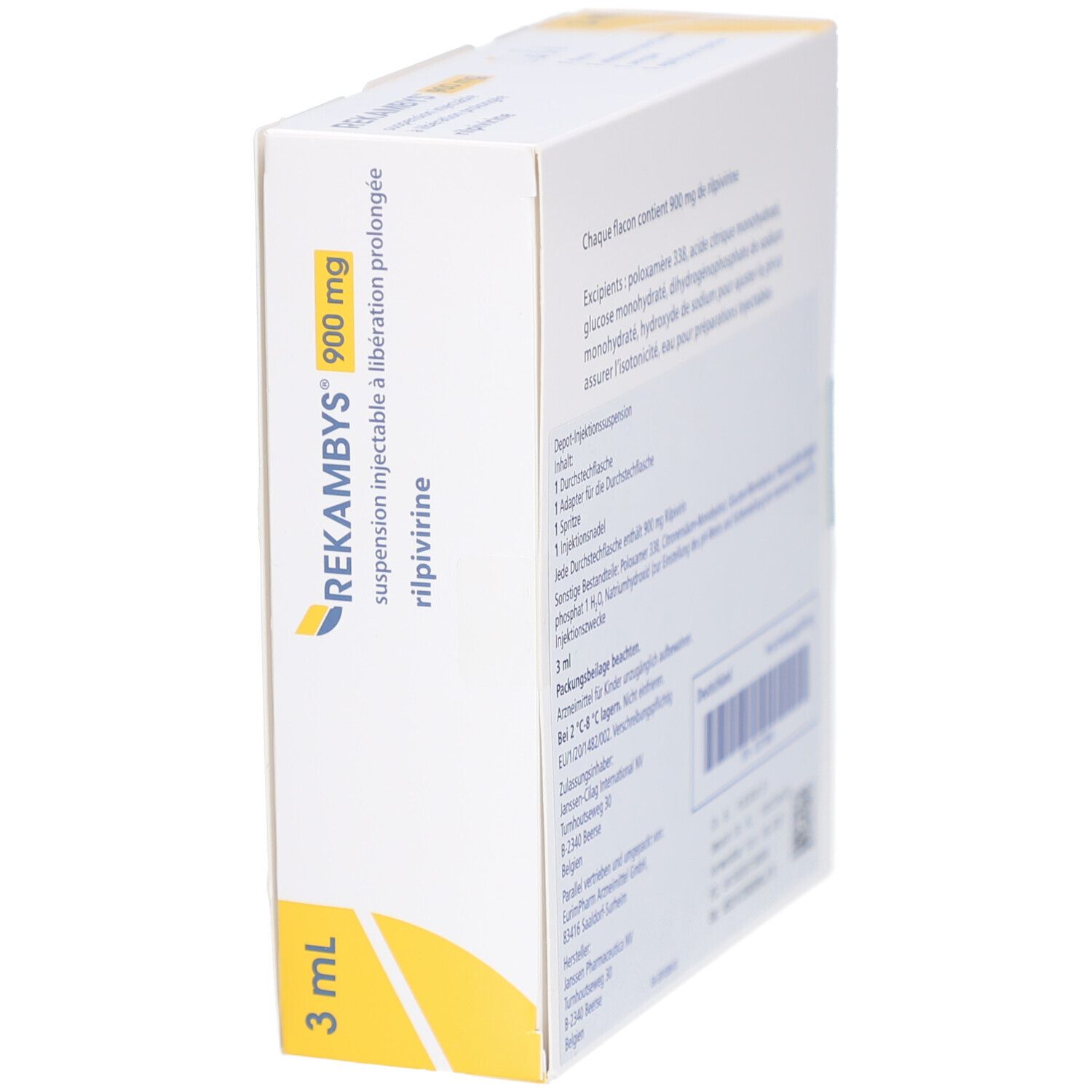 Seitenansicht der REKAMBYS 900 mg Verpackung. Produktname und Injektionsinformationen. 3 ml.