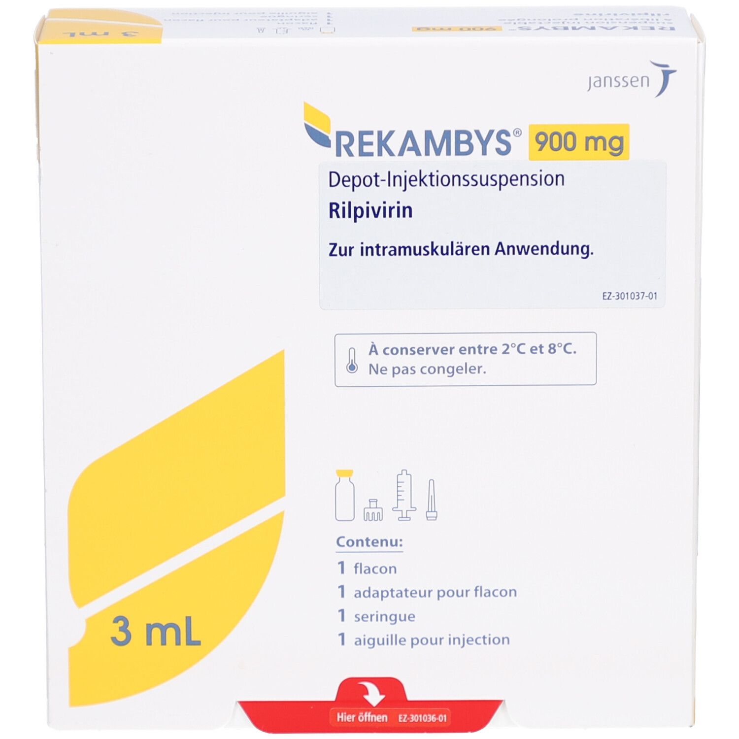 Vorderansicht der REKAMBYS 900 mg Verpackung. Enthält 3 ml. Produktname, Logo und Inhaltsangaben.
