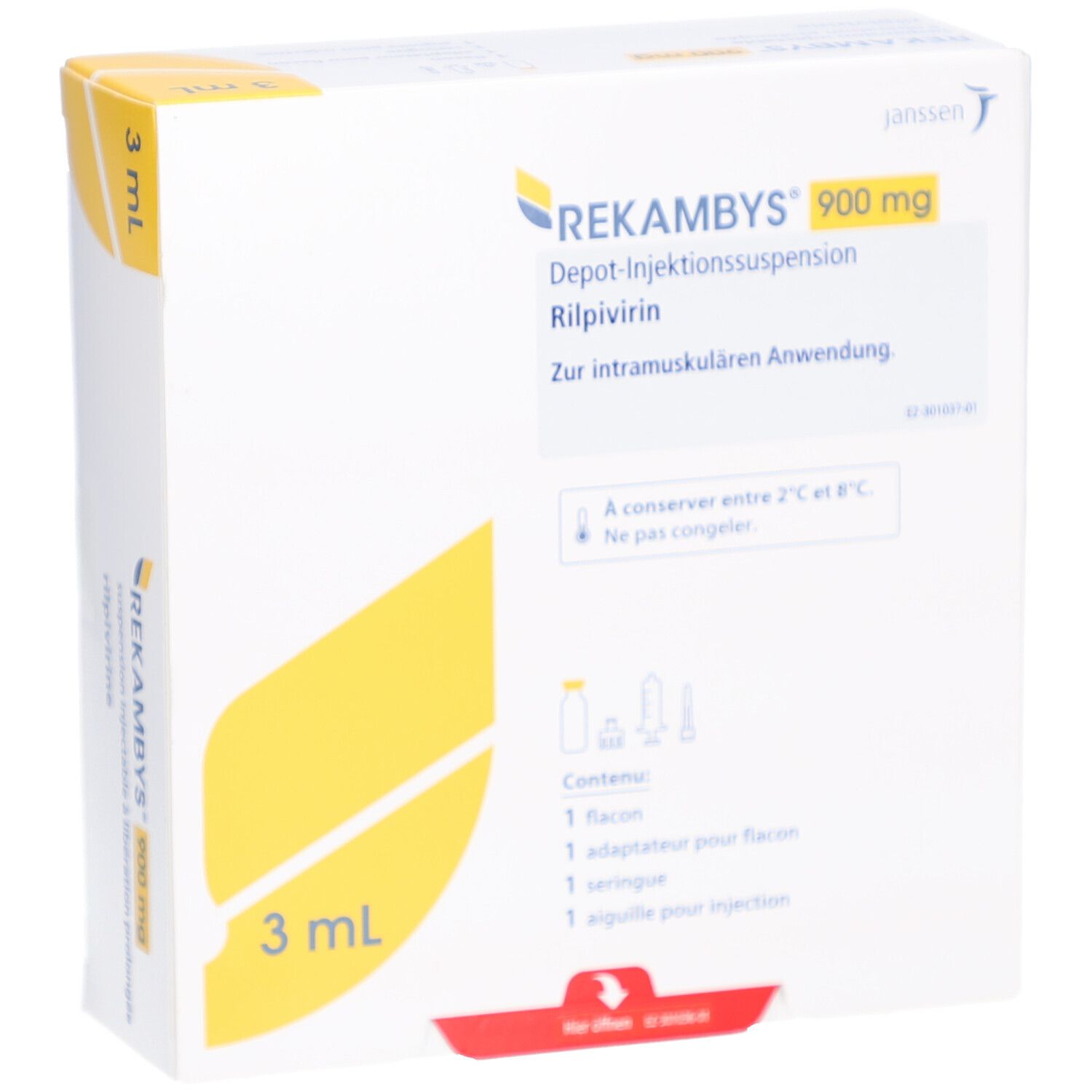 Vorderansicht der REKAMBYS 900 mg Verpackung. Enthält 3 ml. Produktname, Logo und Inhaltsangaben.