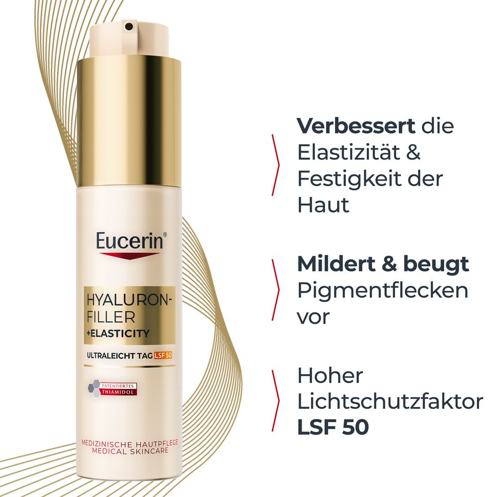 Creme-Flakon. Eucerin Hyaluron-Filler + Elasticity Ultraleicht Tag LSF 50. Verbessert Elastizität, mildert Pigmentflecken.