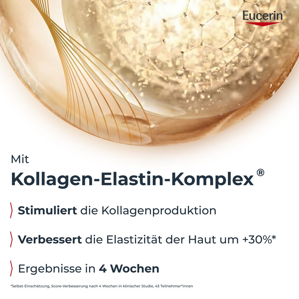 Nahaufnahme von Inhaltsstoffen. Kollagen-Elastin-Komplex. Stimuliert Kollagenproduktion, verbessert Elastizität.