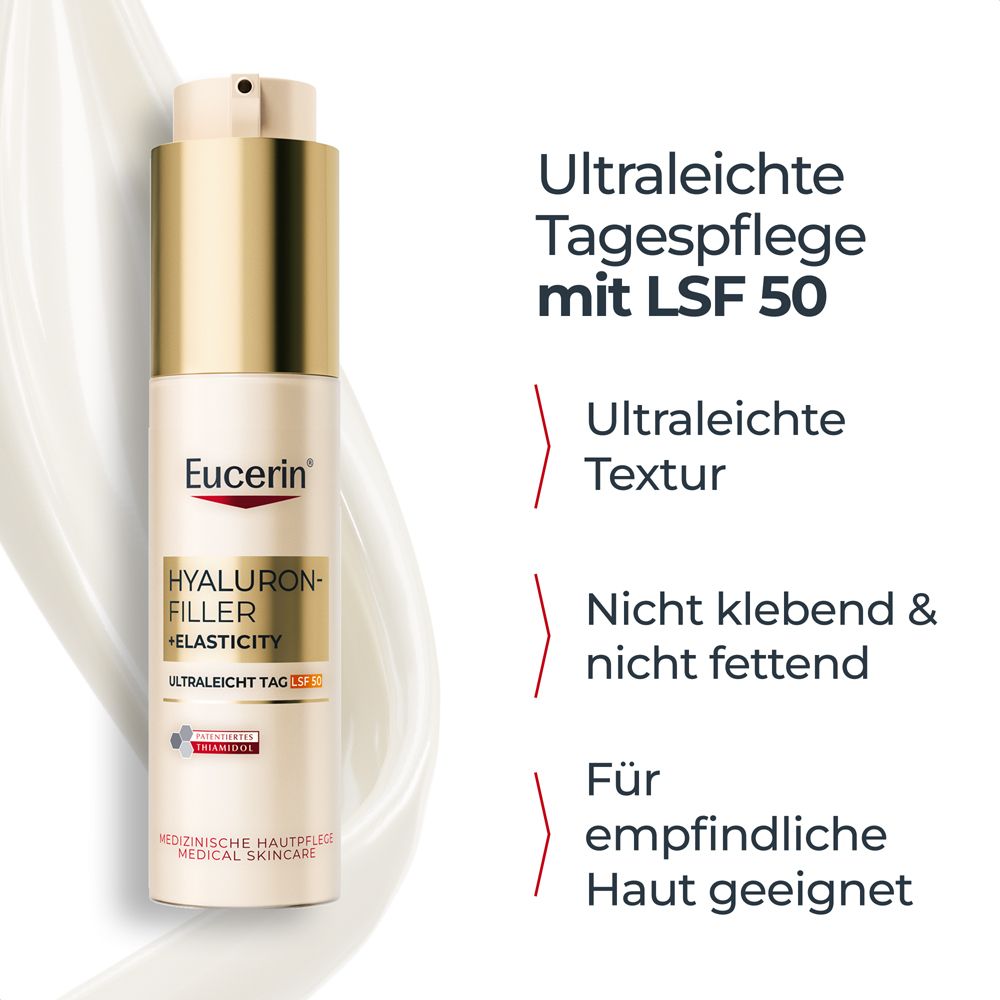 Creme-Flakon. Eucerin Hyaluron-Filler + Elasticity Ultraleicht Tag LSF 50. Ultraleichte Textur, nicht fettend.