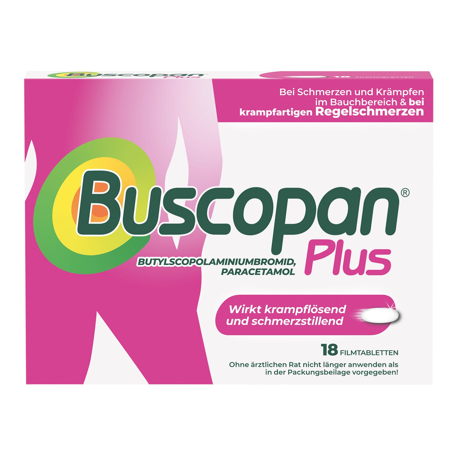 Buscopan Plus Filmtabletten Verpackung mit 18 Stück.