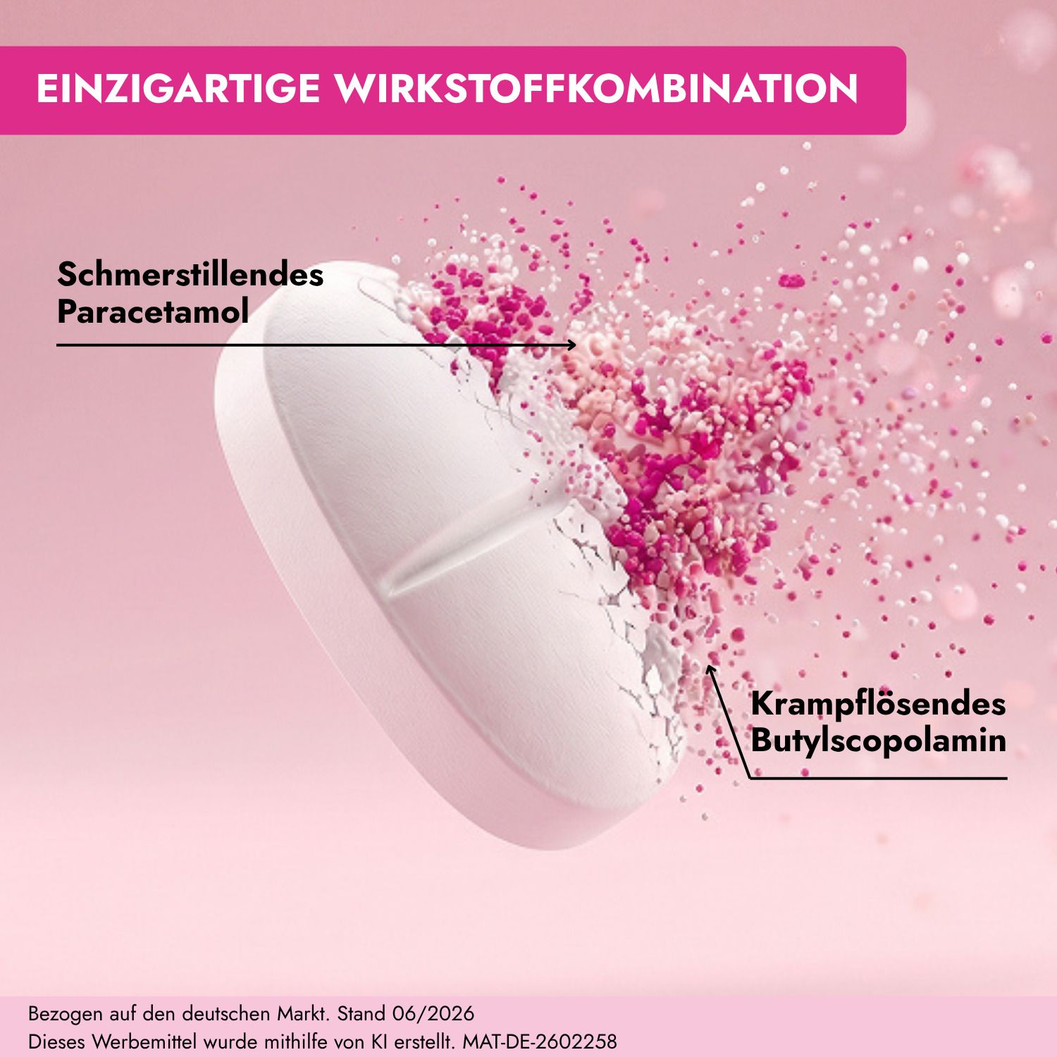 Frau nimmt eine Buscopan Plus Tablette ein.