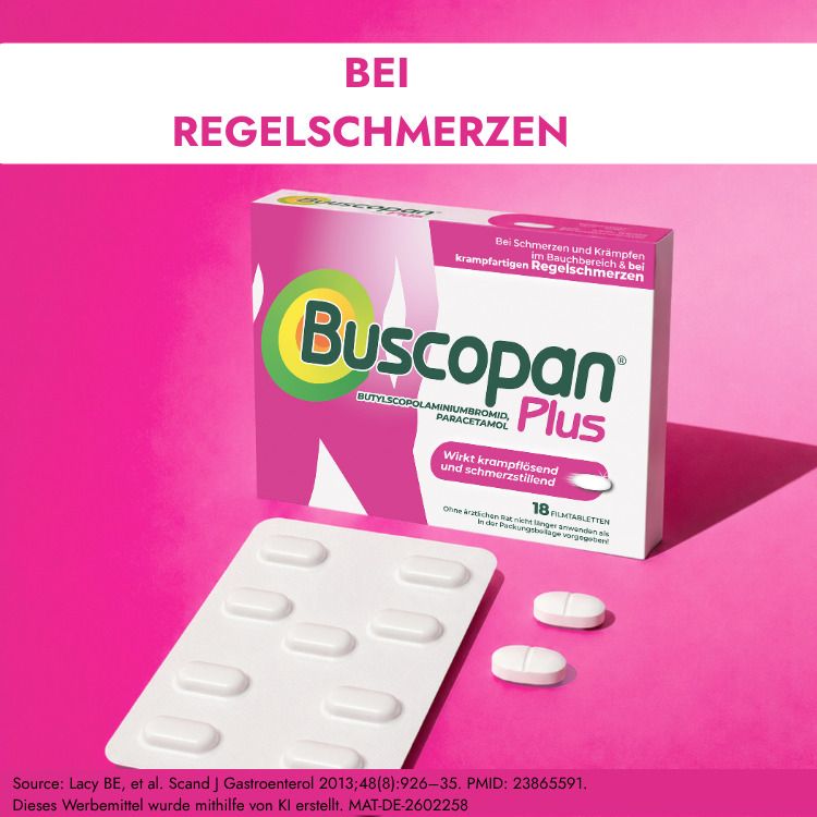 Buscopan Plus Filmtabletten Verpackung, Vorderseite.