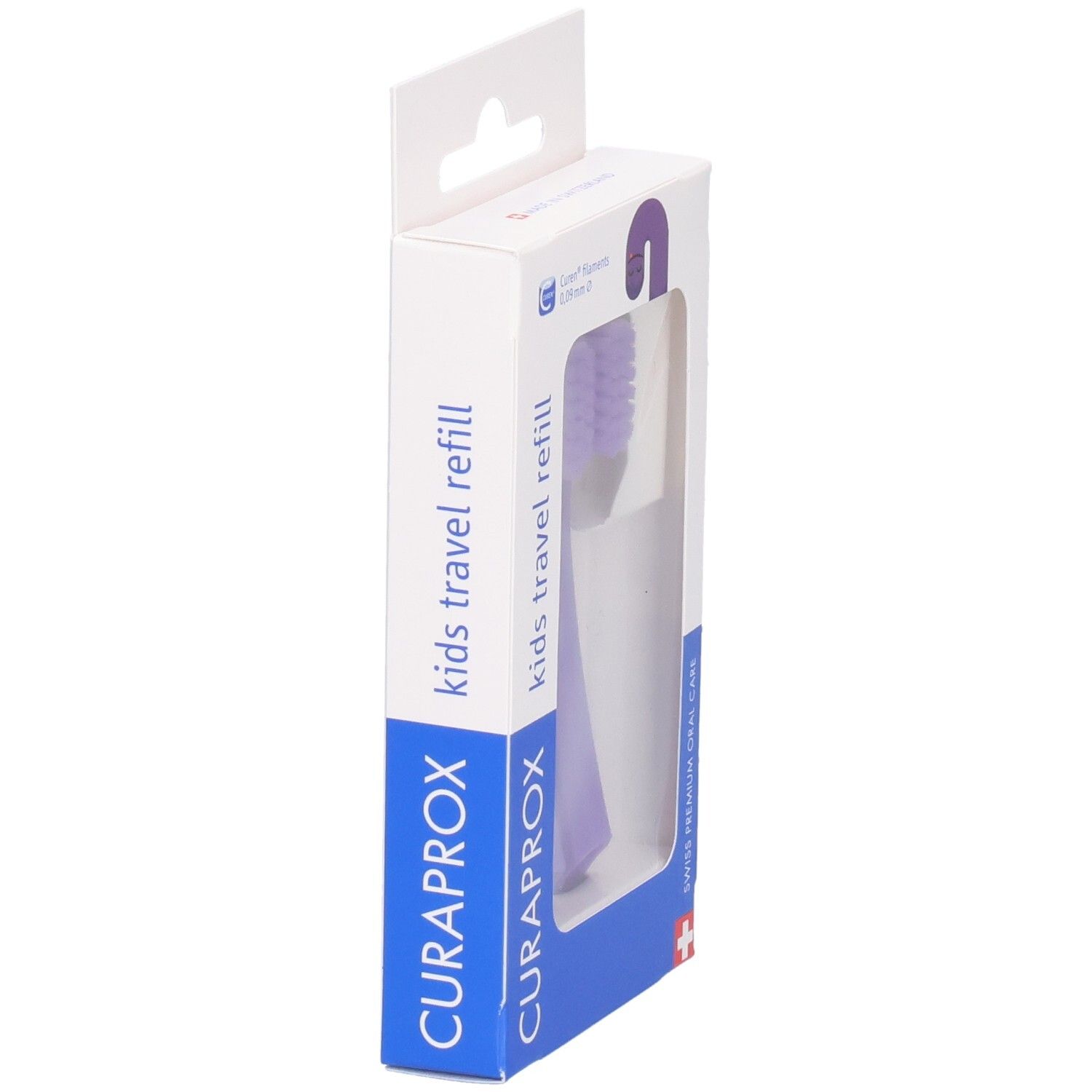 Seitenansicht der Verpackung mit violetten Curaprox Kids Travel Refill Zahnbürstenköpfen.