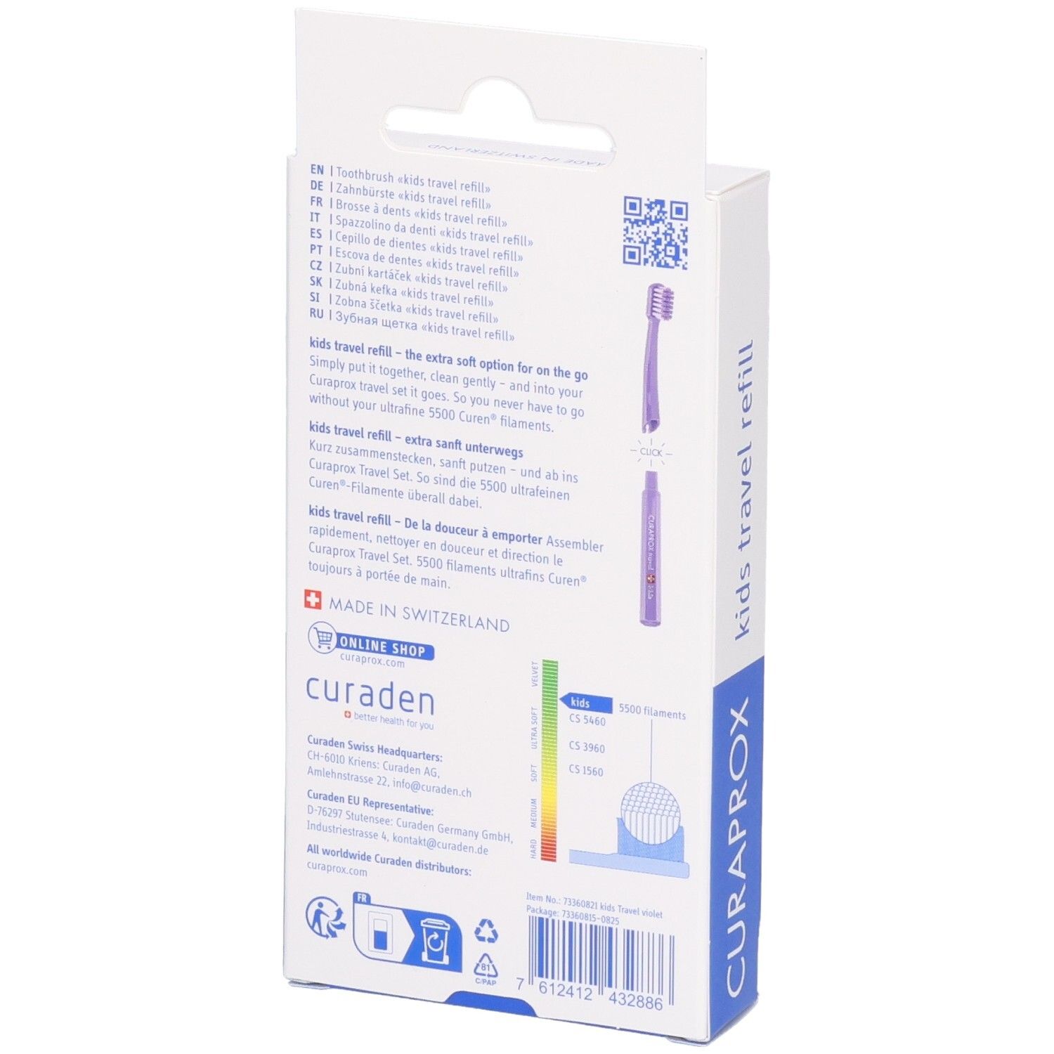 Rückseite der Verpackung mit Informationen zu den violetten Curaprox Kids Travel Refill Zahnbürstenköpfen.