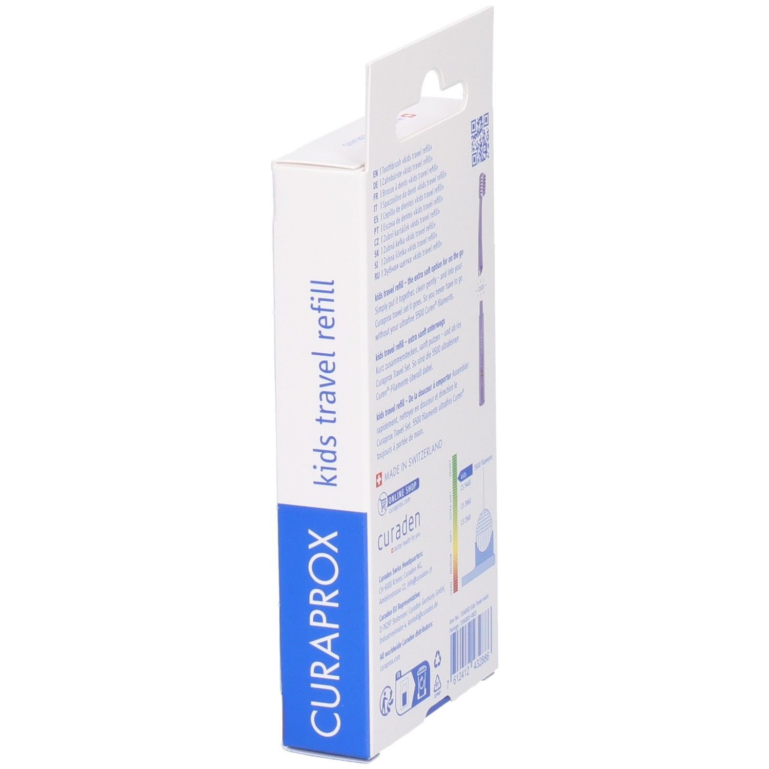 Seitenansicht der Verpackung mit violetten Curaprox Kids Travel Refill Zahnbürstenköpfen.