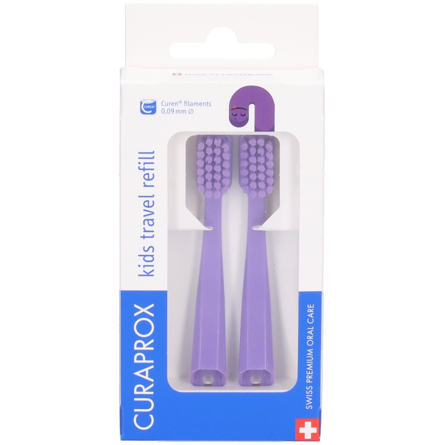 Verpackung mit zwei violetten Curaprox Kids Travel Refill Zahnbürstenköpfen.