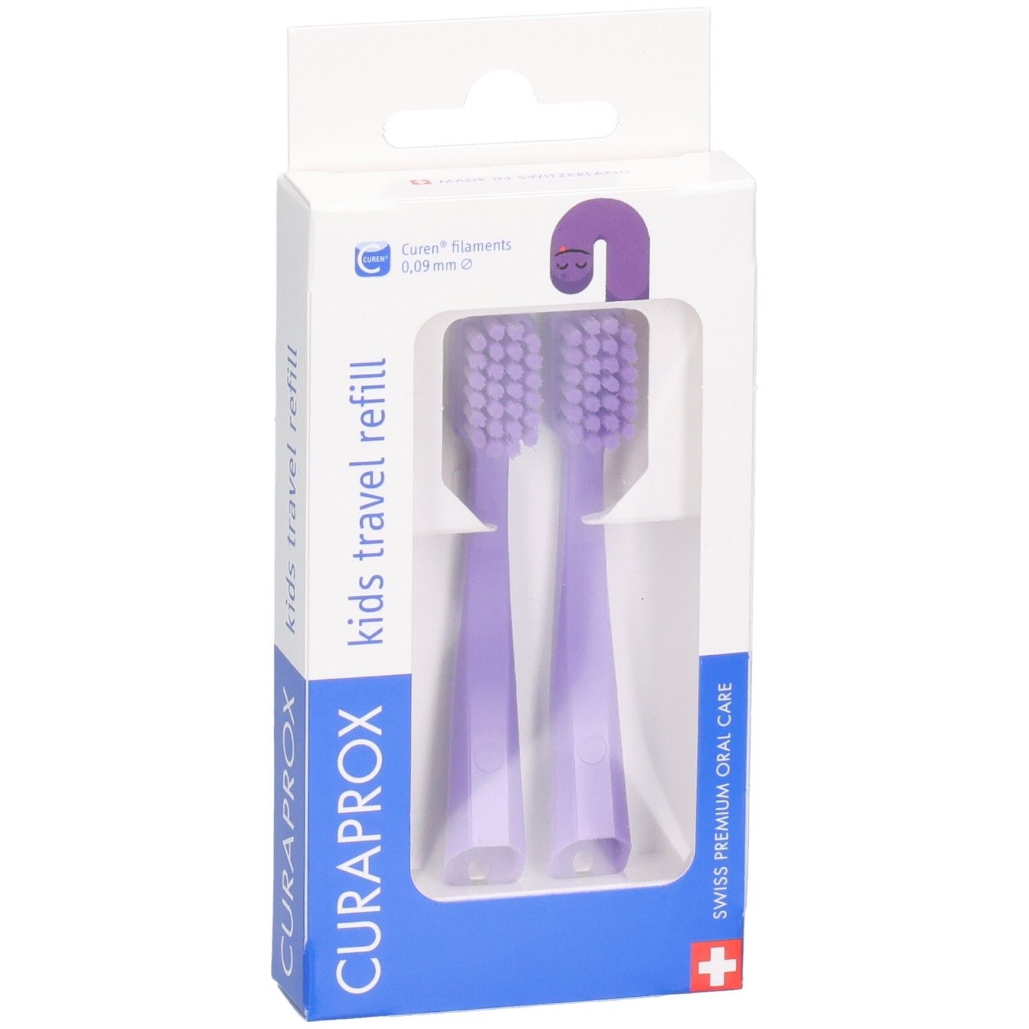 Verpackung mit zwei violetten Curaprox Kids Travel Refill Zahnbürstenköpfen.