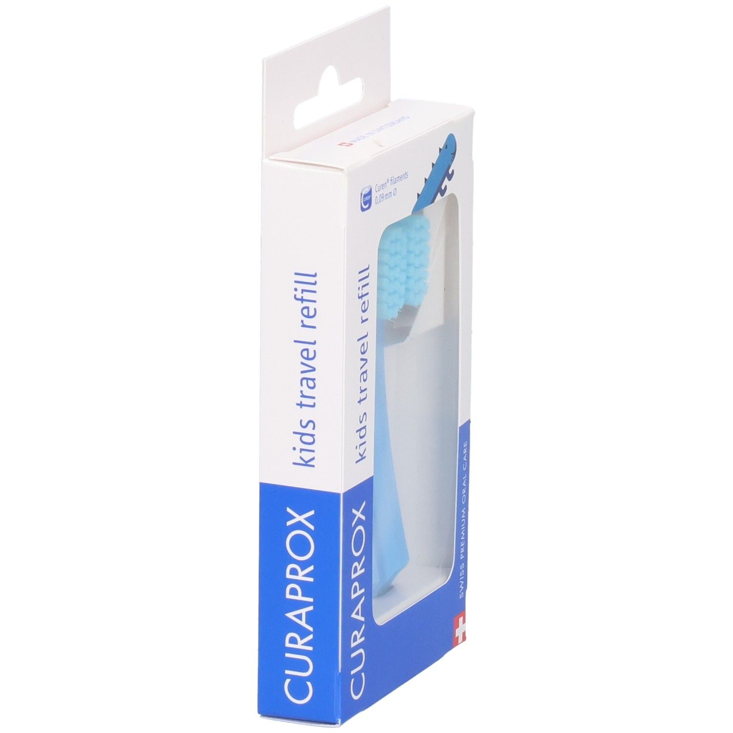 Verpackung mit zwei blauen Curaprox Kids Travel Refill Zahnbürstenköpfen, Seitenansicht.