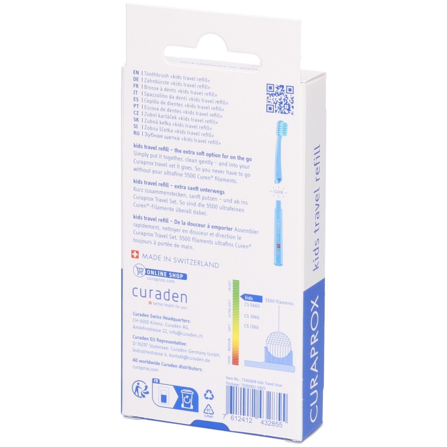 Rückseite der Curaprox Kids Travel Refill Verpackung mit Produktinformationen und Barcode.