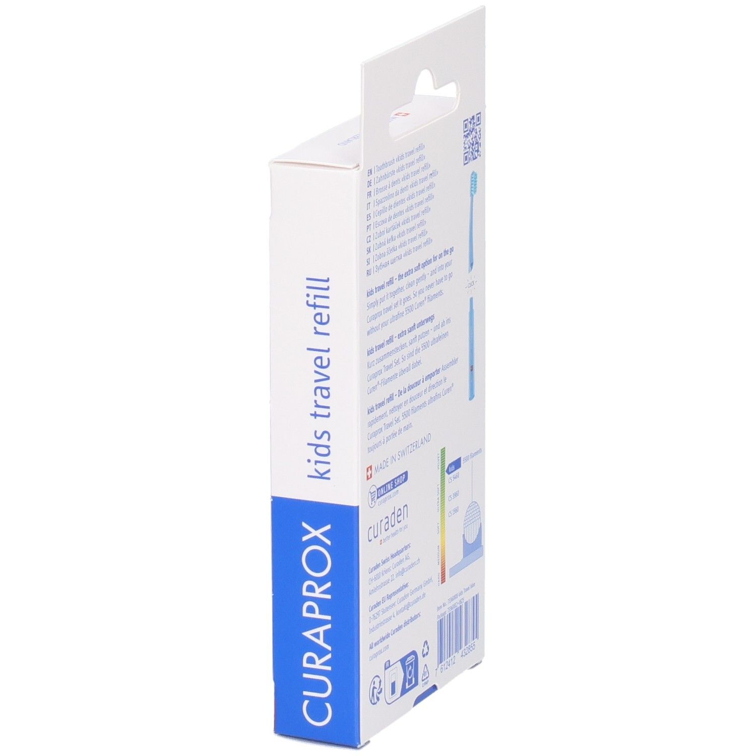 Seitenansicht der Curaprox Kids Travel Refill Verpackung mit Produktinformationen.