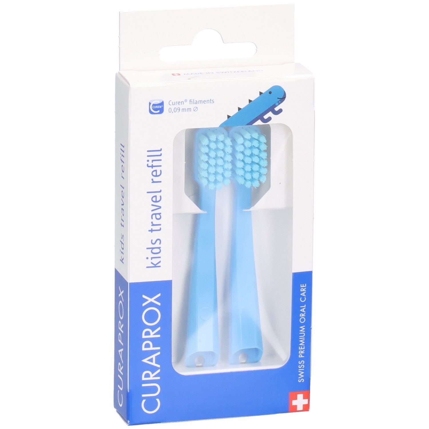 Zwei blaue Curaprox Kids Travel Refill Zahnbürstenköpfe in Verpackung mit Dino-Motiv.