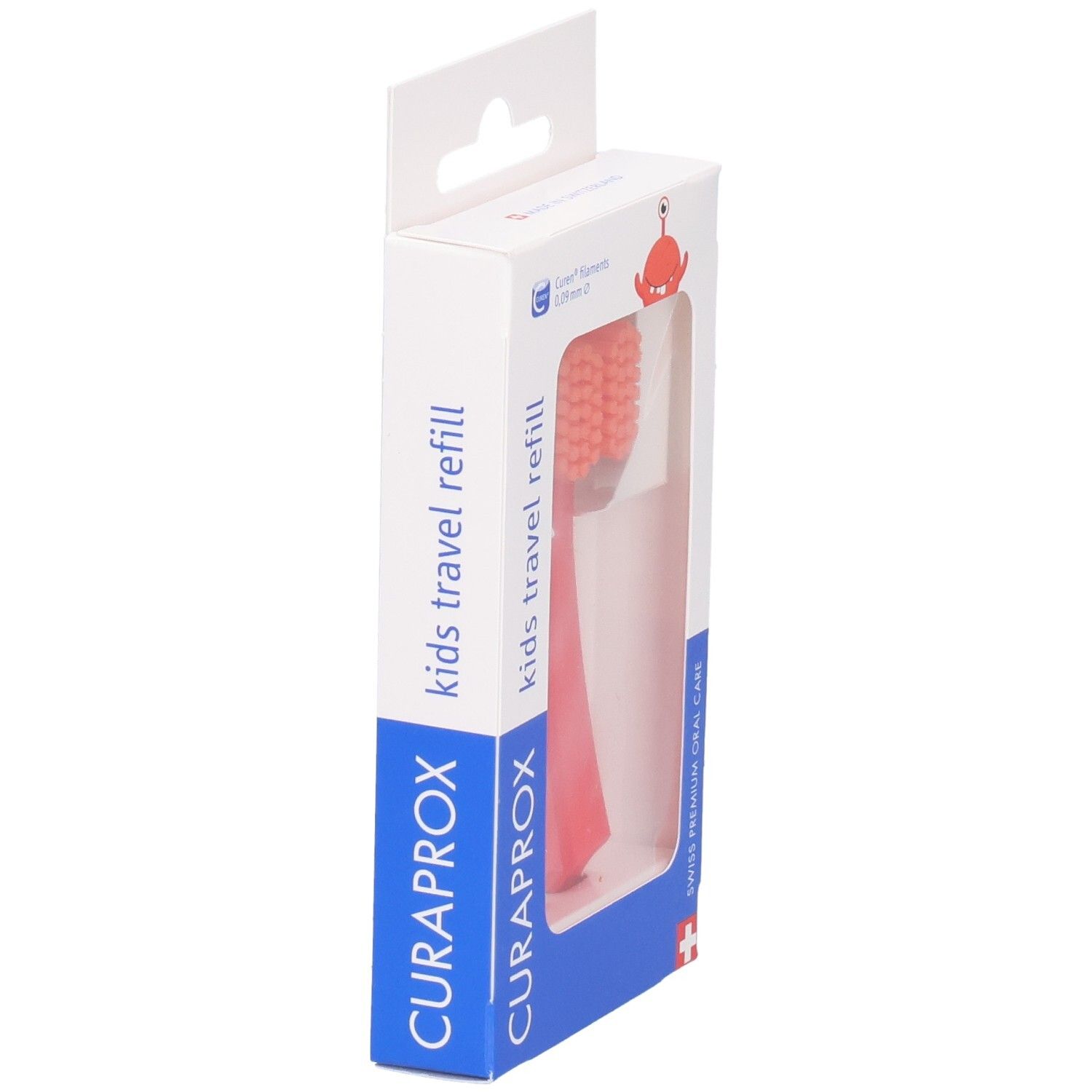 Seitenansicht der Verpackung mit zwei roten Curaprox Kids Travel Refill Zahnbürstenköpfen.