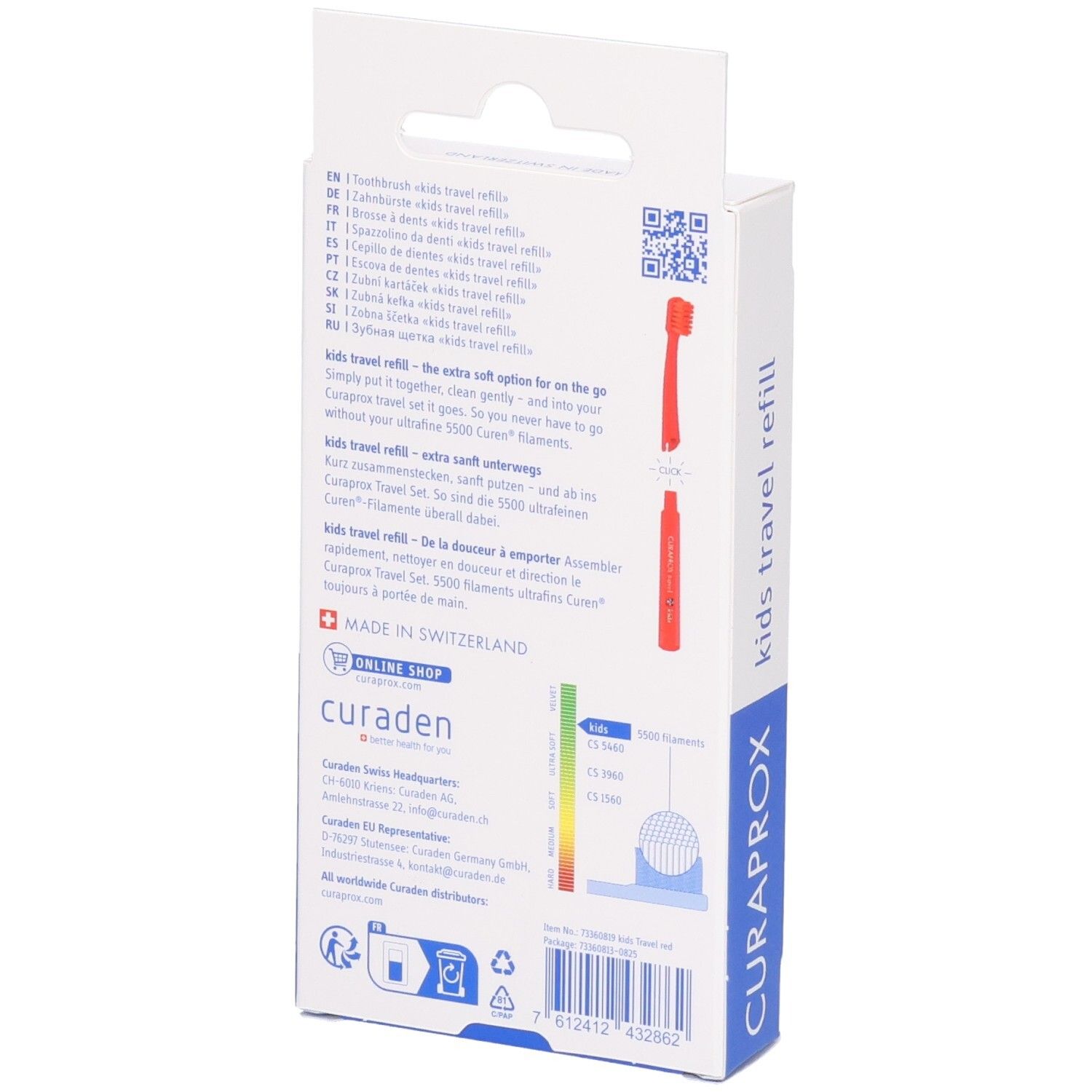 Rückseite der Verpackung mit Informationen zu den roten Curaprox Kids Travel Refill Zahnbürstenköpfen.