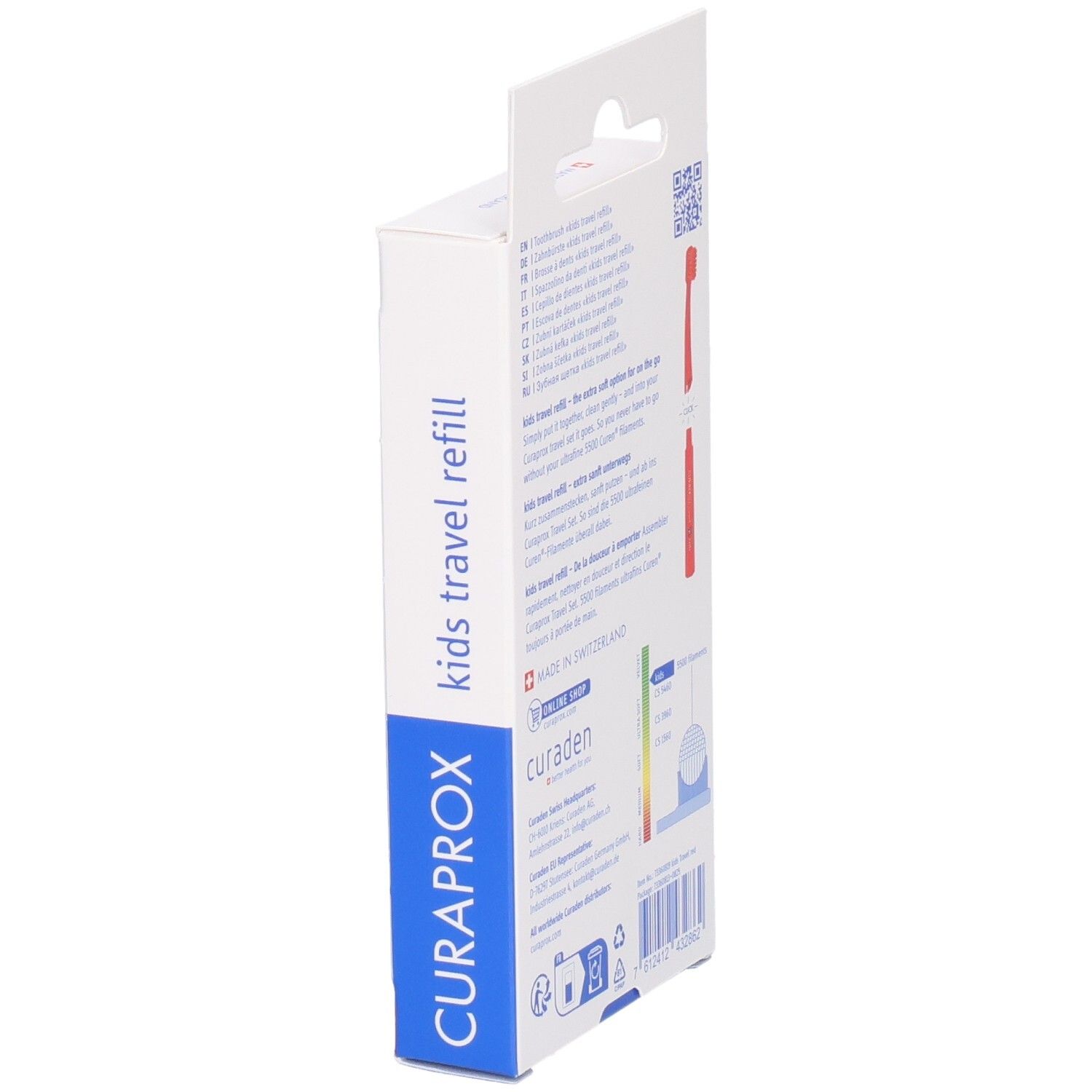 Seitenansicht der Verpackung mit Informationen zu den roten Curaprox Kids Travel Refill Zahnbürstenköpfen.
