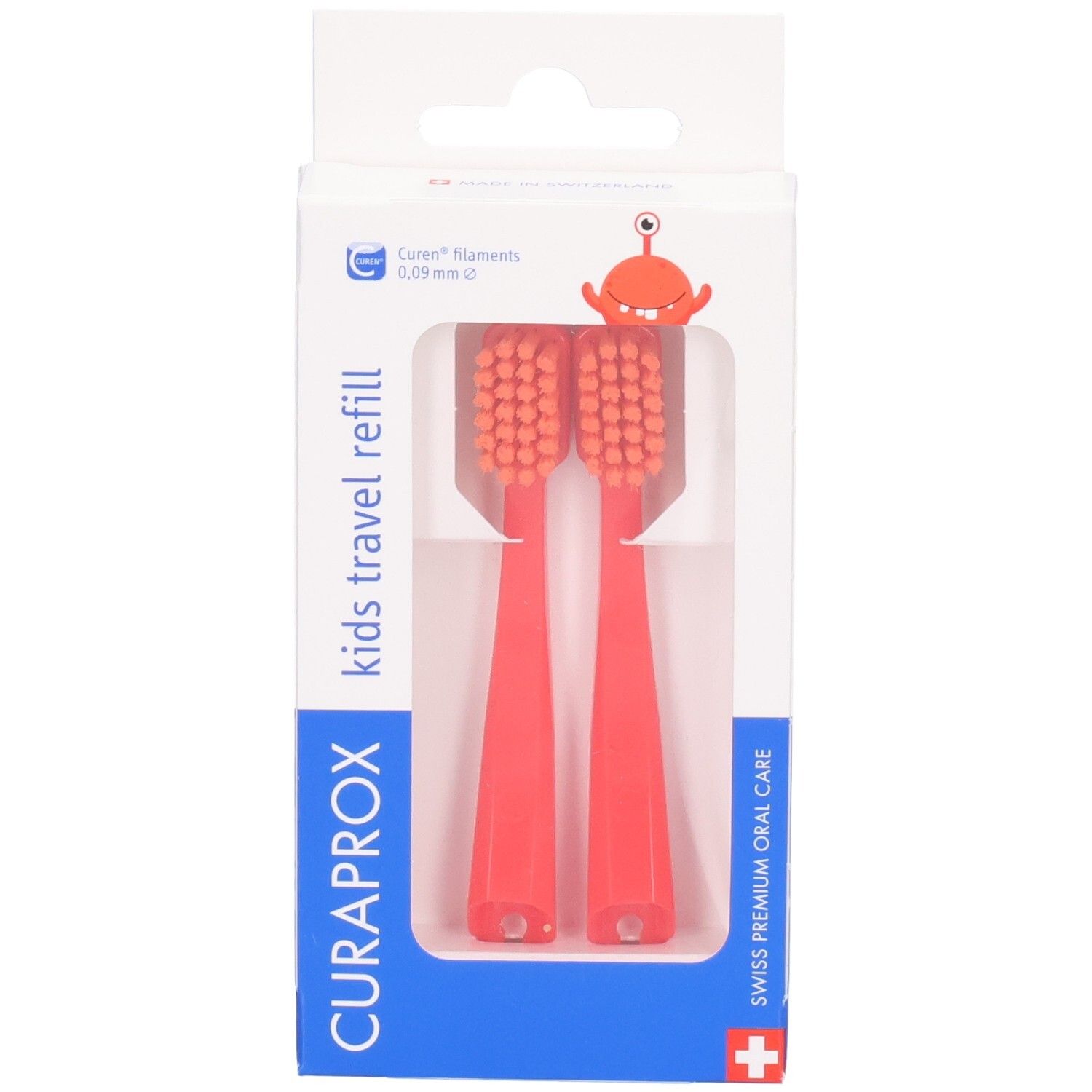 Verpackung mit zwei roten Curaprox Kids Travel Refill Zahnbürstenköpfen, Vorderansicht.