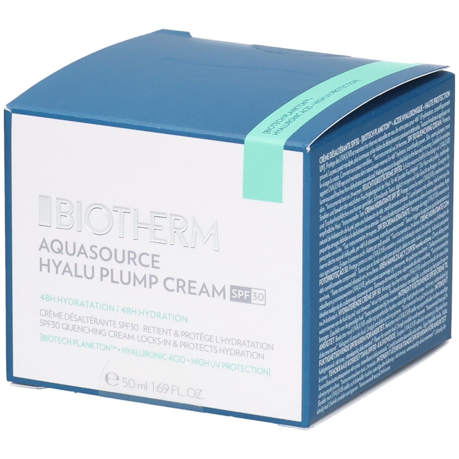 Blau-weiße Schachtel mit BIOTHERM Aquasource Hyalu Plump Cream SPF 30. Text und grüner Streifen. 50 ml.